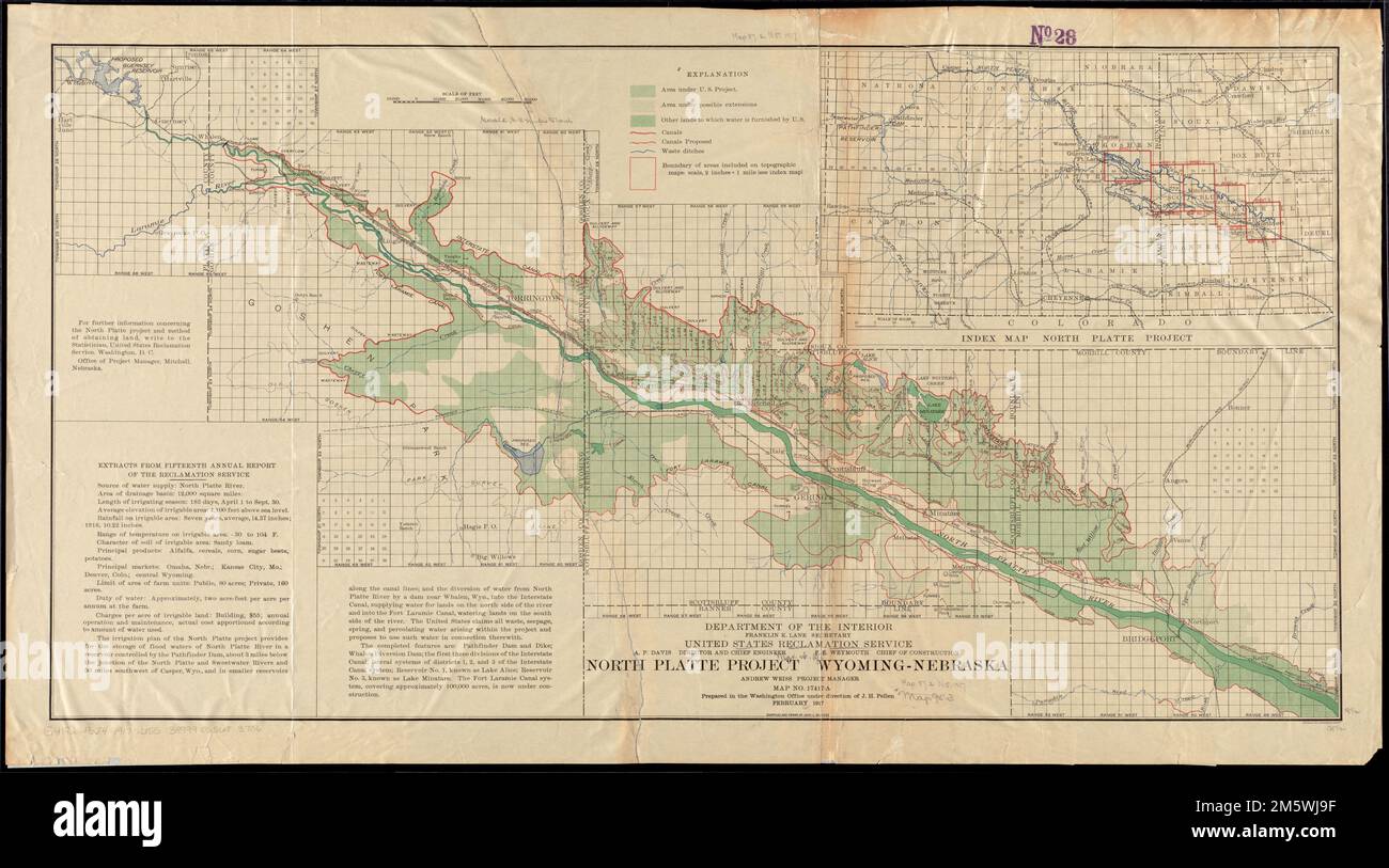 North Platte Project, Wyoming-Nebraska. Zeigt das Gebiet im Rahmen des US-Projekts, mögliche Erweiterungen, Land, zu dem Wasser bereitgestellt wird, Kanäle und Abfallgräben. Inset: Indexkarte North Platte Project. Enthält „Auszüge aus dem fünfzehnten Jahresbericht des Rückgewinnungsdienstes“. Karte Nr. 17417-A.“... , Nebraska North Platte River Wyoming Stockfoto