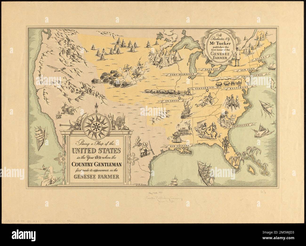 Er ist eine Karte der Vereinigten Staaten im Jahr 1831, als der Country Gentleman zum ersten Mal als Genesee Farmer auftrat. Publikationsinformationen, die aus der auf MAP geschriebenen Akquisitionsnotiz abgeleitet werden. Relief bildhaft dargestellt , Vereinigte Staaten Stockfoto