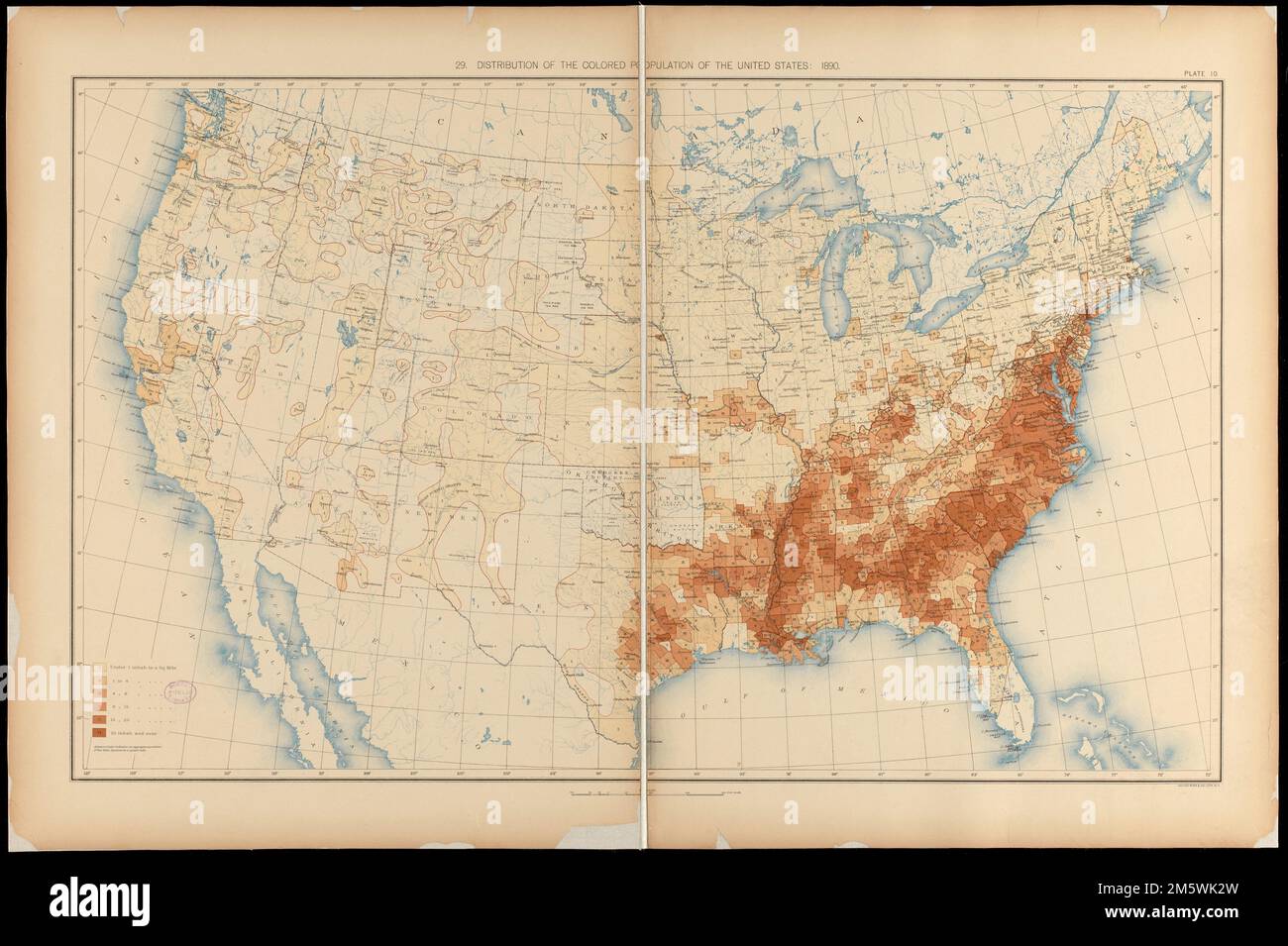 Verteilung der farbigen Bevölkerung der Vereinigten Staaten : 1890. Aus dem Statistikatlas der Vereinigten Staaten: Auf der Grundlage der Ergebnisse der elften Volkszählung / von Henry Gannett. Washington: Government Printing Office, 1898. 'Platte 10.' Amerika wandelte sich: Die afroamerikanische Bevölkerung wuchs von 4,4 Millionen zu Beginn des Bürgerkriegs auf 7,5 Millionen im Jahr 1890, was 12 Prozent der Gesamtbevölkerung des Landes entspricht. Diese Karte aus dem statistischen Atlas, die 1890 Volkszählungsdaten verwendet, verwendet sechs Braunschattierungen, um die Verteilung und Dichte der Bevölkerung anzuzeigen. Die meisten Afroamerikaner blieben ich Stockfoto