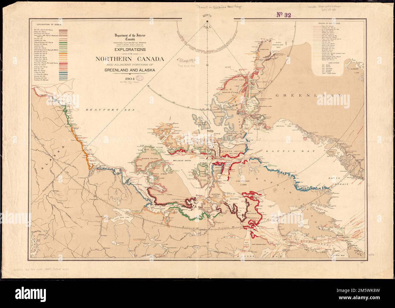 Explorations in Northern Canada und angrenzenden Teilen Grönlands und Alaskas, 1904. Umfasst auch Teile Grönlands und Alaskas. Enthält Listen von Küstenforschungen und Gleisexpeditionen , Kanada Stockfoto