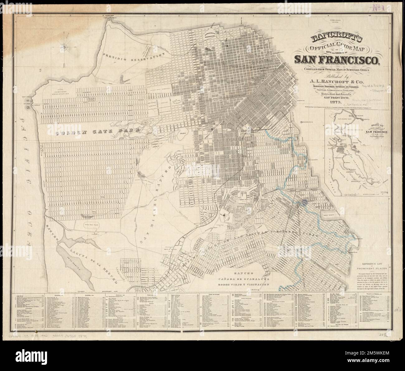 Bancrofts offizieller Stadtplan von San Francisco : zusammengestellt aus offiziellen Karten im Surveyor's Office. Inset: Skelettkarte, die die relative Position von San Francisco zum umliegenden Land zeigt. Enthält Verzeichnis der Friedhöfe, Kirchen, Krankenhäuser, Hotels, Parks, Öffentliche Gebäude, Eisenbahndepots, Schulen und Colleges, Theatersäle, Kais und Fähren... Offizieller Stadtplan von San Francisco. Offizieller Stadtplan von San Francisco, Kalifornien, San Francisco, County Stockfoto