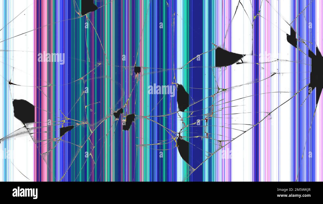 Defekter LCD-Monitor. Hintergrunddarstellung von Rissen und mehrfarbigen Streifen auf einem defekten Bildschirm Stockfoto