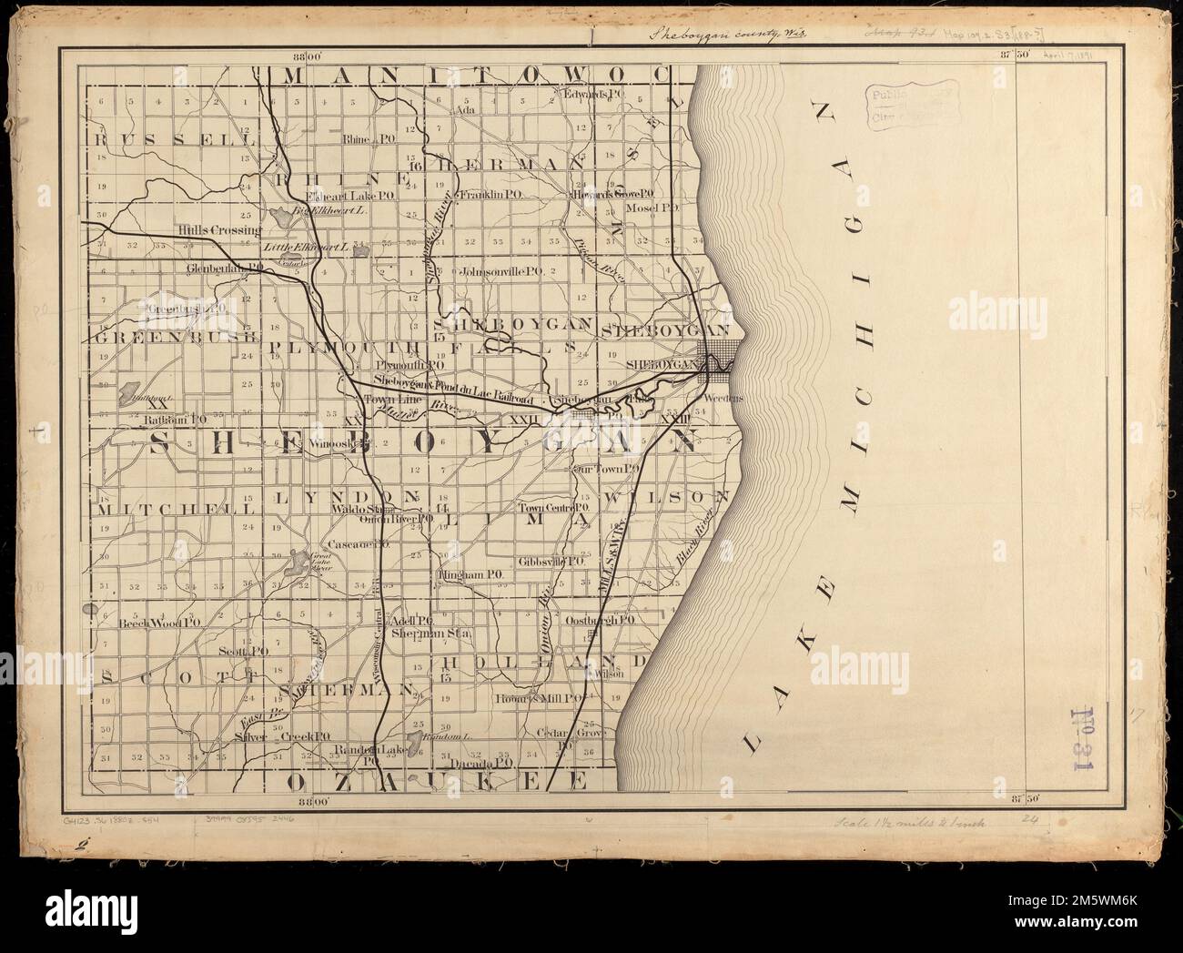 Sheboygan County, Wisconsin Manuskript-Titel in Tinte am oberen Rand. Manuskript-Karte in Stift und Tinte. Teil einer Reihe von Manuskriptkarten von Wisconsin Counties. Zeigt Townships und Abschnitte, Flüsse, Bahnhöfe, Bahnhöfe und andere Elemente Wisconsin, Sheboygan, County Stockfoto