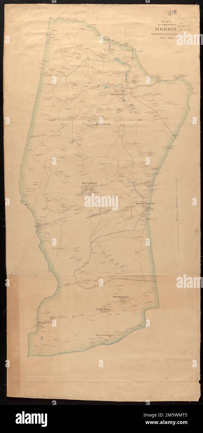 Karte der Stadt Morris : Morris County New Jersey. Manuskript-Karte. Enthält Namen von Grundbesitzern und interessanten Orten New Jersey, Morris, County, Morristown Township of Morris Stockfoto