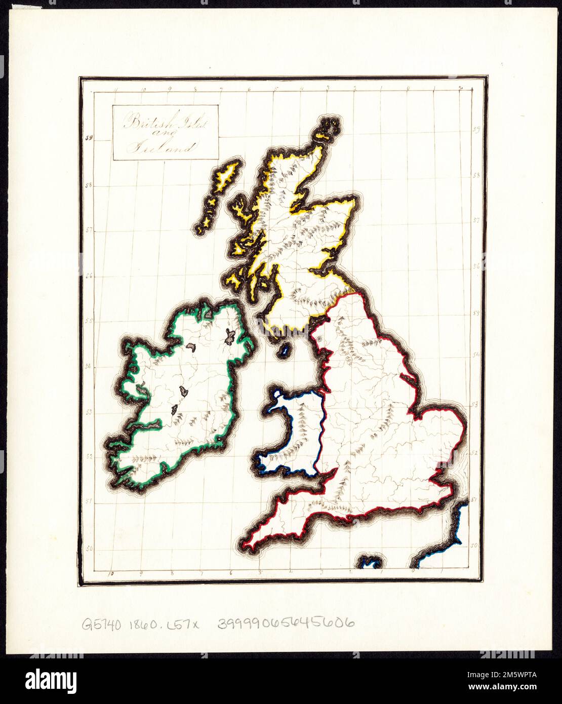 Britische Inseln und Irland. Manuskript-Karte. Die Karte stellt höchstwahrscheinlich ein Geografie-Projekt eines Studenten des 19. Jahrhunderts dar. Datum und Unterschrift auf Verso , Britische Inseln , Gebiet Irland Stockfoto