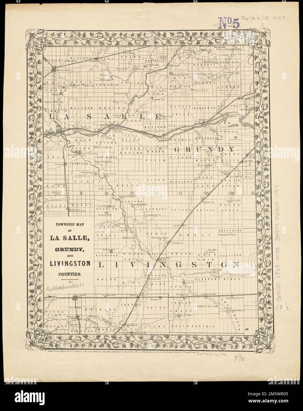 Stadtplan der Bezirke La Salle, Grundy und Livingston. Oben rechts: 7. Lila gestanzt oben rechts: 5. Teil einer Sammlung von Karten von Illinois Counties... Stadtplan der Landkreise Lasalle, Grundy und Livingston. Stadtplan von Lasalle, Grundy und Livingston Counties, Illinois , Grundy , County Illinois , La Salle , County Illinois , Livingston , County Stockfoto