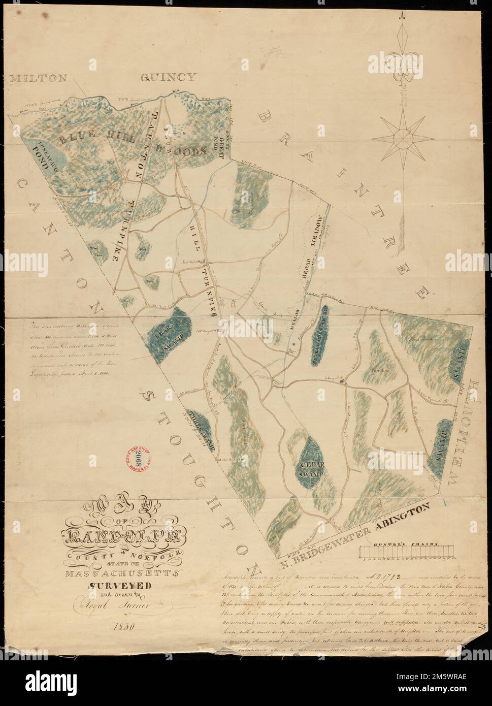 Plan von Randolph von Royal Turner, datiert von 1830 Massachusetts, Norfolk, County, Randolph Stockfoto