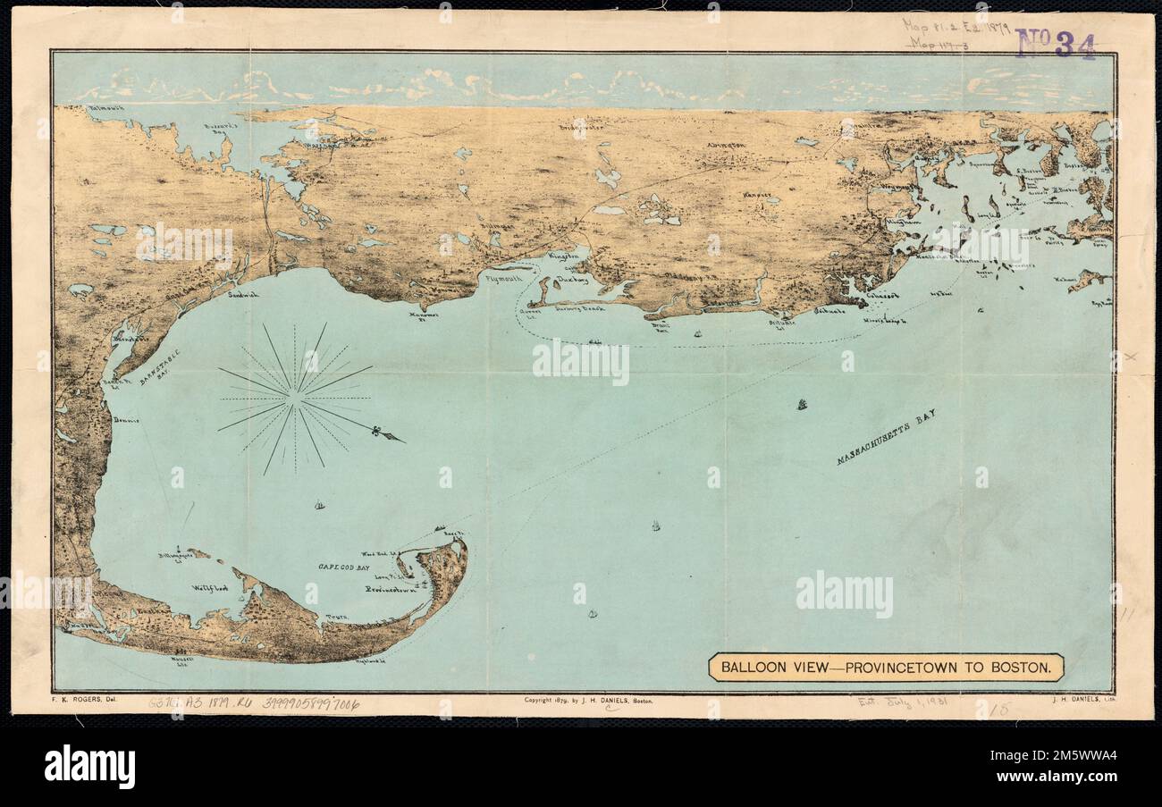 Ballonfahrt von Provincetown nach Boston. Vogelperspektive. Mit Norden nach unten rechts , Massachusetts , Suffolk , County , Boston Massachusetts , Barnstable , County , Provincetown Stockfoto
