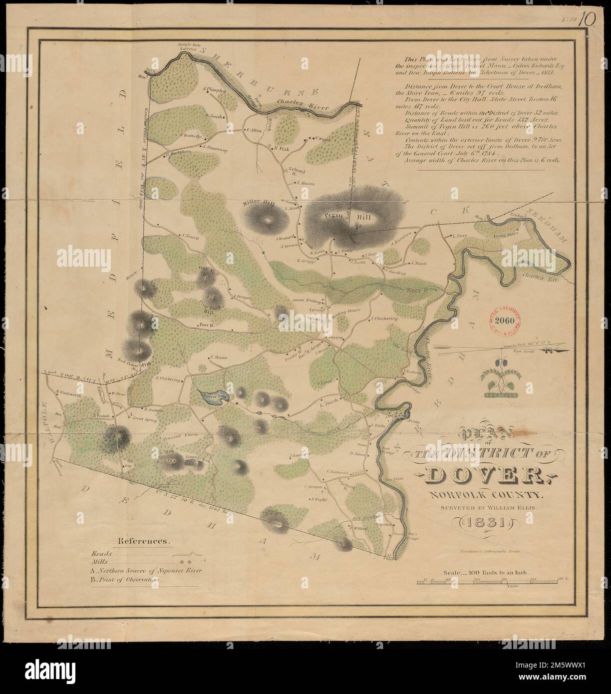 Plan von Dover von William Ellis, datiert von 1831 Massachusetts, Norfolk, County, Dover Stockfoto
