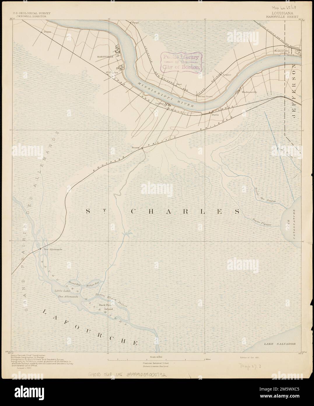 Louisiana: Hahnville-Bericht. Relief wird durch Konturen, Isolinien und Punkthöhen angezeigt. 1890 befragt. Konturintervall 5 Fuß. Henry Gannett, Chief Topographer, R.U. Goode, Geograf, zuständig, Triangulation durch die USA Coast and Geodetic Survey; Topographie von A.E. Wilson, unter der Leitung von H.L. Baldwin Jr. und aus Umfragen der USA Küsten- und Geodätik-Survey und Allgemeines Landbüro... Hahnville-Bericht. Hahnville Sheet, Louisiana, Saint Charles, County, Hahnville Stockfoto