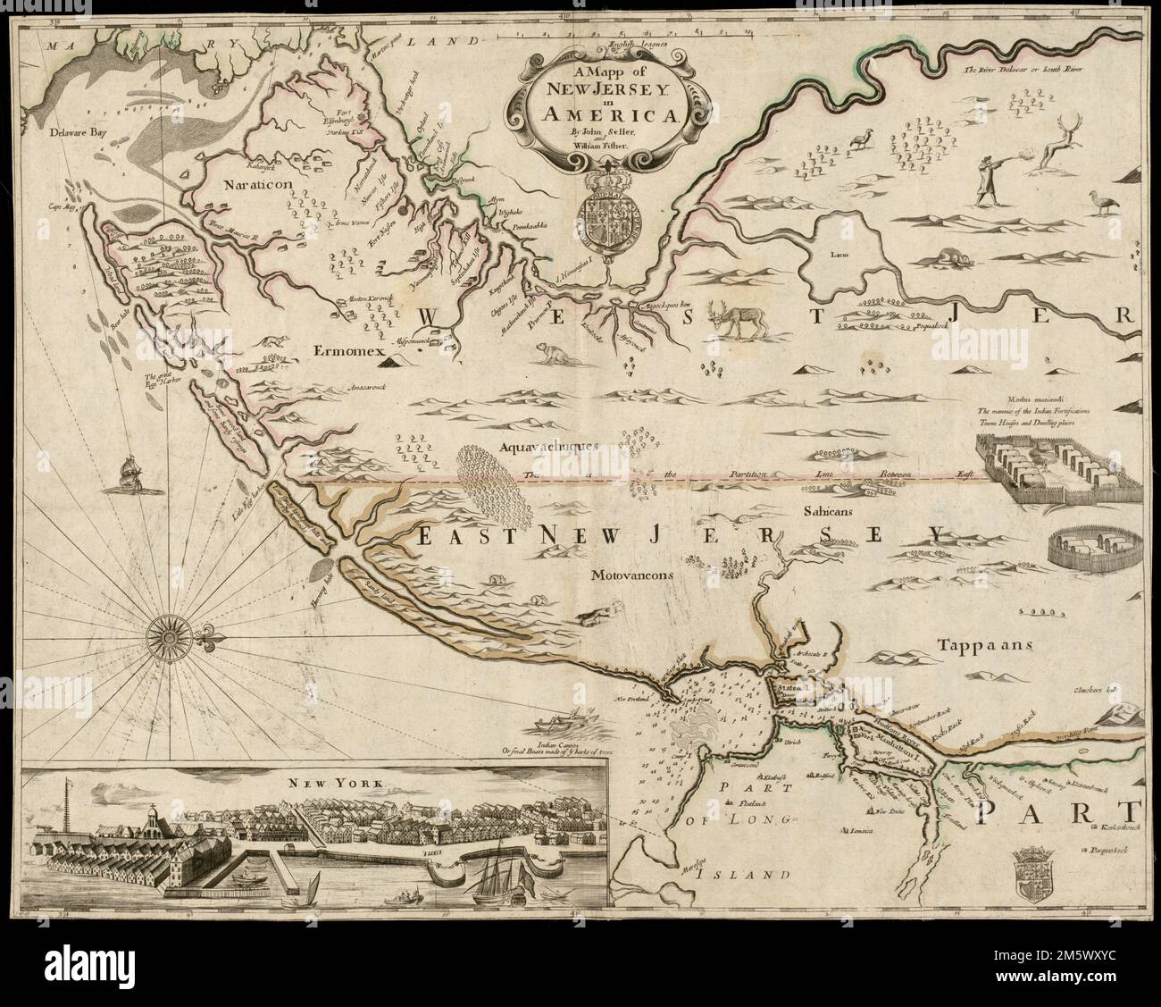 Eine mapp von New Jersey in Amerika. Freischnitt abgebildet. Tiefen werden durch Sondierungen angezeigt. Umfasst auch Manhattan Island und Western Long Island. Ausrichtung nach Norden rechts. Umfasst Wappen und andere Kranke. Einsatz unten links: New York [View]. Geben Sie 5 je nach Last an. Katalogisierung, Erhaltung und Digitalisierung teilweise durch die National Endowment for the Humanities: Exploring the human Endeavor. Text der Boston Public Library benötigt links und rechts außen und einen Textbereich unter der Karte. Teil des zusammengesetzten Portfolioatlas mit dem Titel „Sammlung alter Karten.“. Sammlung von o Stockfoto
