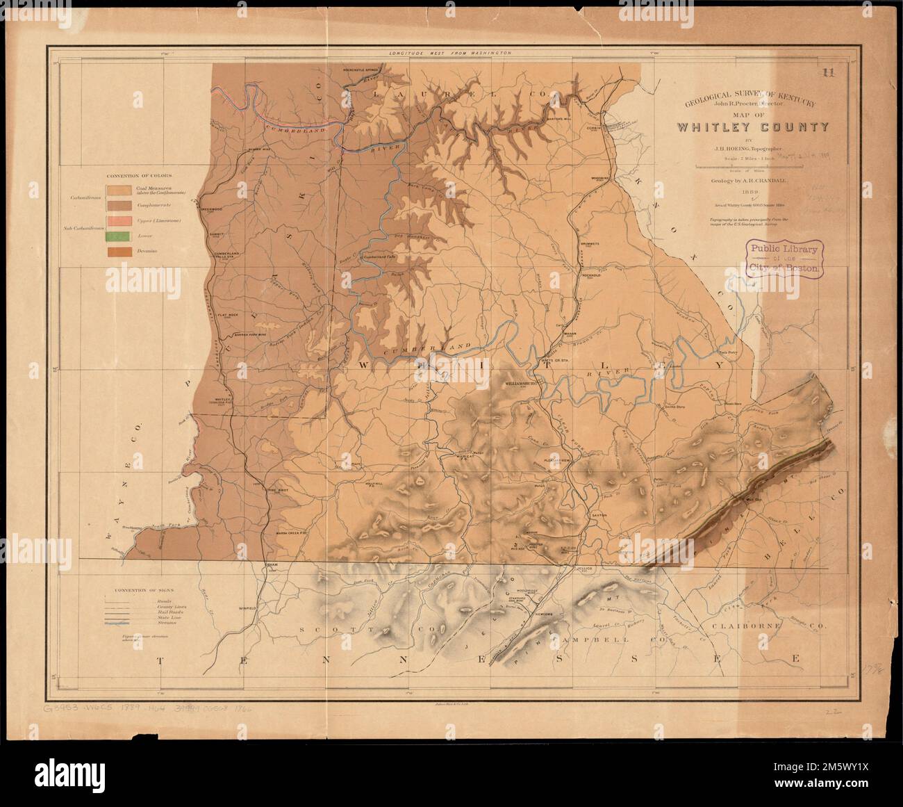Karte von Whitley County. Begleitend: Bericht über die Geologie von Whitley County und einem Teil von Pulaski, mit Karte und Illustrationen / A.R. Crandall. Frankfort, Ky.: Geological Survey of Kentucky, [1889]. (Verschiedene geologische Berichte (Kentucky Geological Survey) ; ser. 2, v. 11). Ein früherer Zustand der Karte von Hoeing aus dem Jahr 1889. In diesem Bundesstaat wird Hoeing korrekt als J.B., nicht als J.R., bezeichnet und oben links wird die „Farbkonvention“ angezeigt. Umfasst das Gebiet westlich des Cumberland River zur Cincinnati Southern Railroad, das als Pulaski County bezeichnet wird und im heutigen McCreary County liegt. Relief Sho Stockfoto