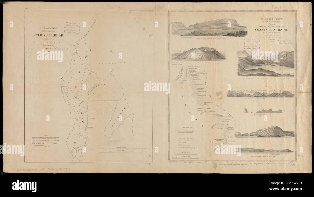 Eclipse Harbor, Labrador. Relief wird durch Punkthöhen angezeigt. Tiefen werden durch Sondierungen angezeigt. Die Karte von Eclipse Harbor enthält Notizen. Oben links: Nr. 38. Skizze enthält 7-Ansichten: Ansicht von Mt. Bache, Aulezavik Island, Entfernung 5 Meilen - Blick auf kraterförmigen Mt. e. Seite der Insel Aulezavik -- Blick auf die hohen Gipfel zwischen Aulezavik Sound und Ungava Bay vom nahe gelegenen Astronl. observatorium --- Blick auf die Küste von Labrador s. von Cape Niakungo, distal 20 Meilen -- Mugford Island s.e. 20 Meilen -- Eingang von Port Manvers, Labrador -- Blick auf Battle Island mit Abst. 4 Meilen... Skizze, die die Geologie der Küste des Labors zeigt Stockfoto