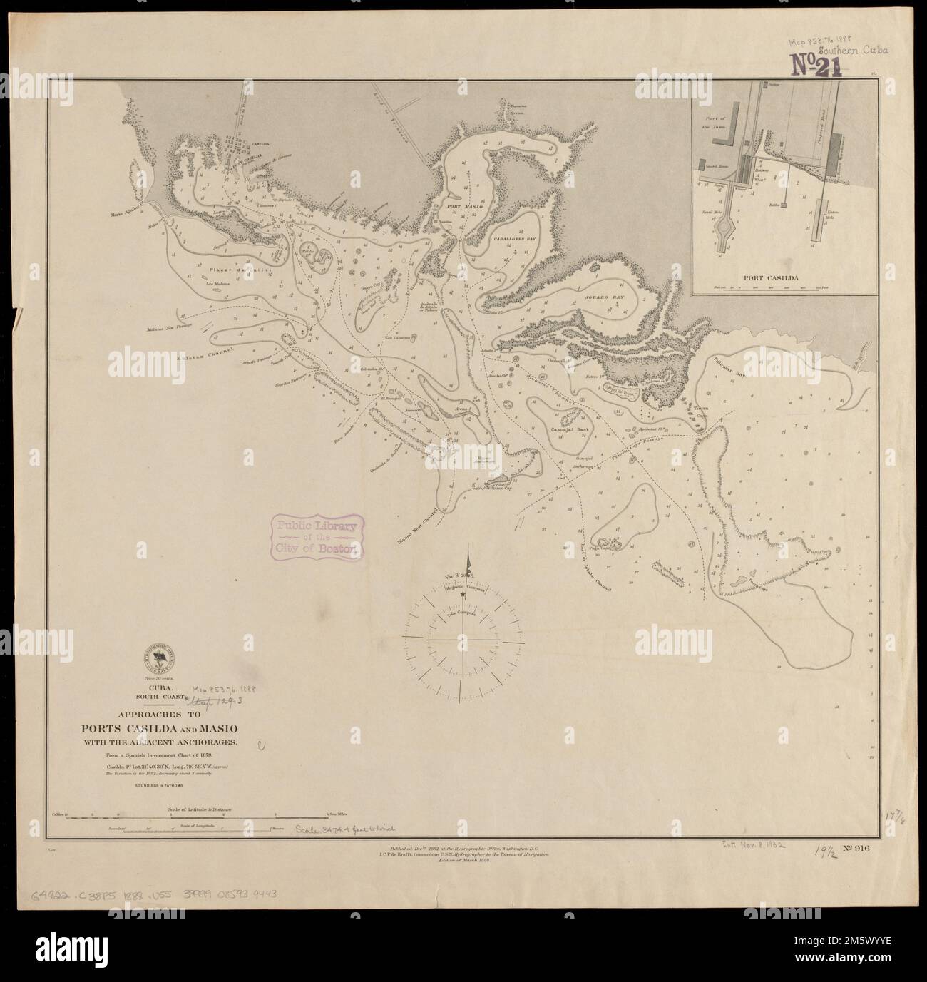 Kuba, Südküste, Annäherung an die Häfen Casilda und Masio mit den angrenzenden Ankerplätzen : von einer spanischen Regierungskarte von 1879. Tiefen, die durch Sondierungen und Isolinien angezeigt werden. Inset: Port Casilda... Anfahrt zu den Häfen Casilda und Masio mit den angrenzenden Ankerplätzen. Anfahrt zu den Häfen Casilda und Masio mit den angrenzenden Ankerplätzen, Kuba , Sancti-Spíritus , Provinz , Casilda Ensenada El Masío Stockfoto