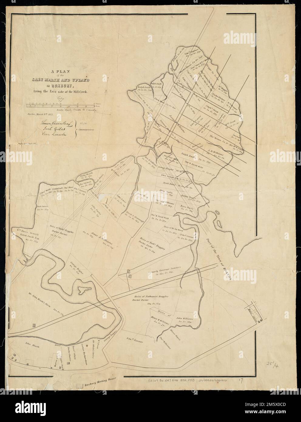 Ein Plan des Salzmarschlands und Berges in Roxbury, auf der Ostseite des Mill Creek. Ausrichtung mit Norden oben rechts. Ausgestellt mit: Dokumente des Massachusetts Senate, 1852 (Nr. 45) , Massachusetts, Suffolk, County, Boston, Roxbury Stockfoto