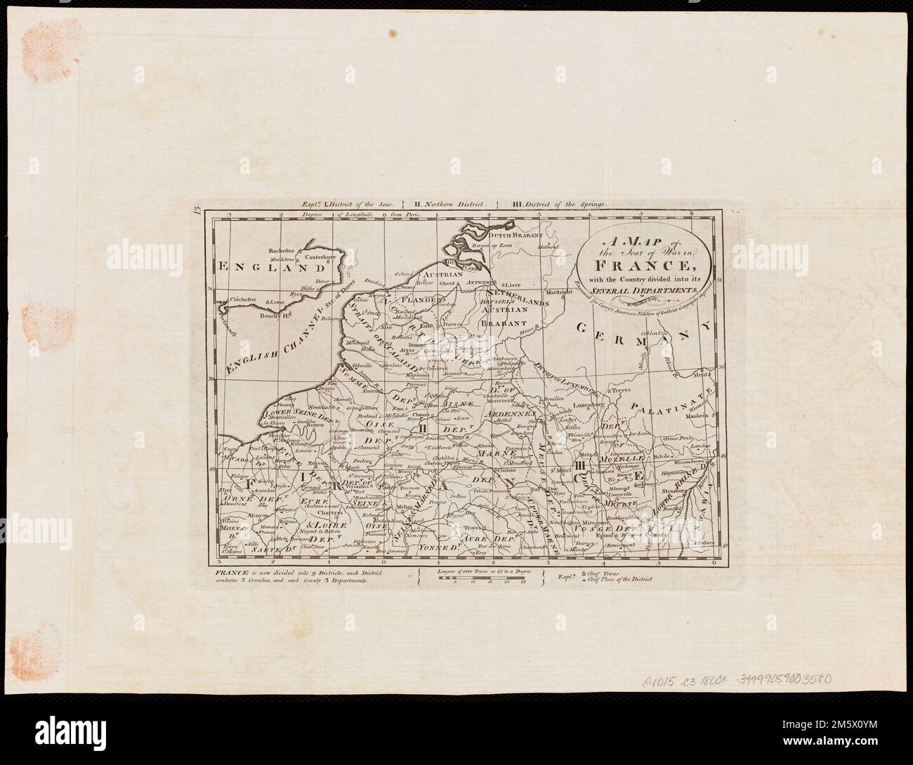 Eine Karte des Kriegssitzes in Frankreich, wobei das Land in mehrere Departements unterteilt ist. Zeigt Nordfrankreich, Luxemburg, Belgien sowie Teile der Niederlande und Deutschland. Paris. Gravur für Careys amerikanische Ausgabe von Guthrie's Geography Improved. Am oberen linken Rand: 13. Karte 13 in Careys Generalatlas. Philadelphia: Mathew Carey, 1800 , Belgien Luxemburg Frankreich Deutschland Niederlande Stockfoto