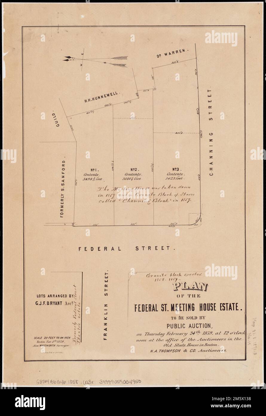 Plan der Bundesstraße Meeting House Estate : Verkauf im Rahmen einer öffentlichen Versteigerung am Donnerstag, den 24. 1859. Februar, um 12 Uhr mittags im Büro der Auktionatoren im Old State House in Boston. Orientiert mit Norden nach links Massachusetts, Suffolk, County, Boston Stockfoto