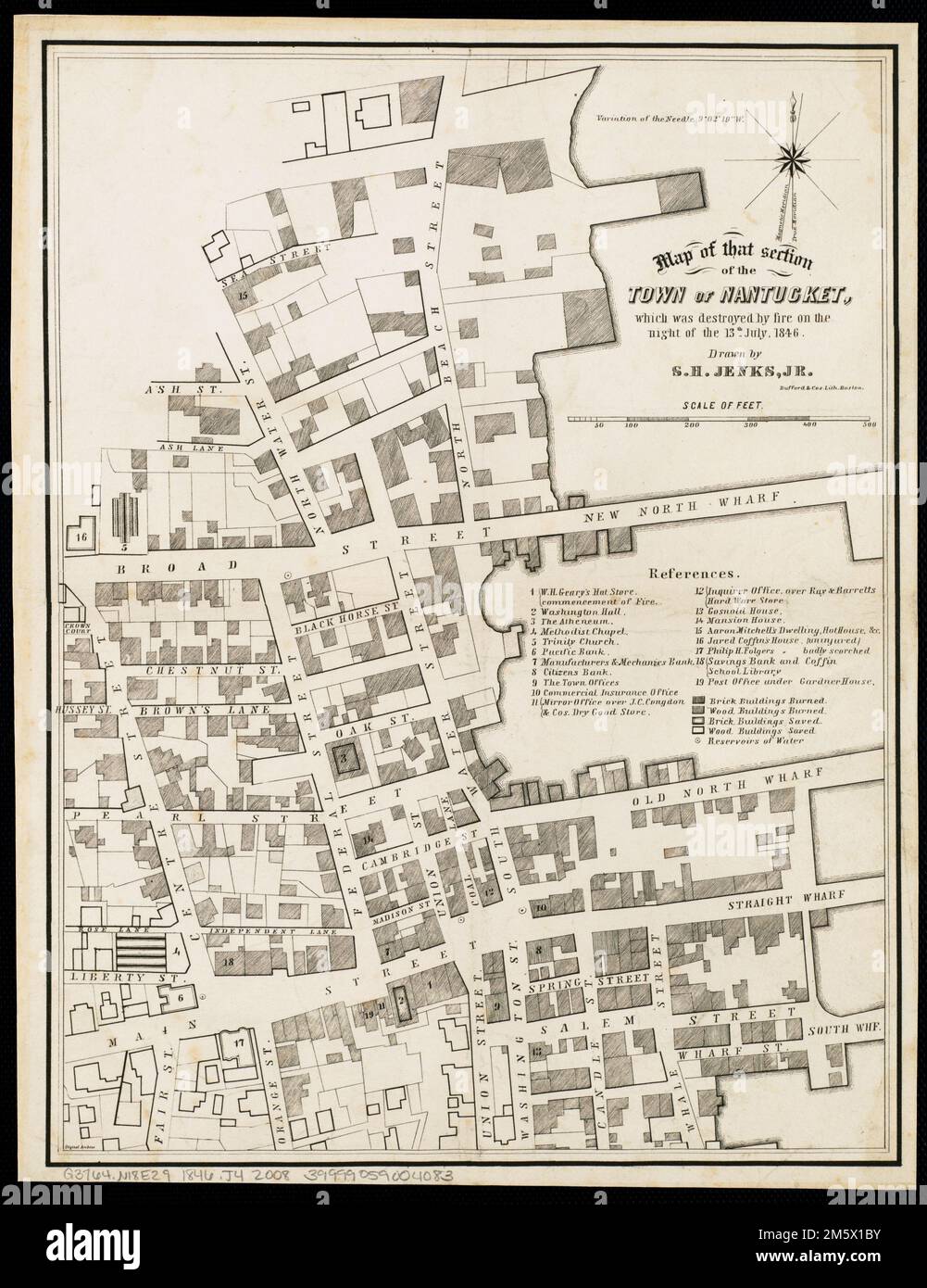 Karte des Teils der Stadt Nantucket, der in der Nacht des 13. Juli 1846 durch das Feuer zerstört wurde. Fax. Enthält Referenzen. Am unteren linken Rand: Digitales Archiv. Fax durch digitale Reproduktion. New York. Washington D.C., The Old Print Shop, Inc. 2008. Auf Papier, 40 x 31 cm Massachusetts, Nantucket, County, Nantucket Island, Island, Nantucket Stockfoto