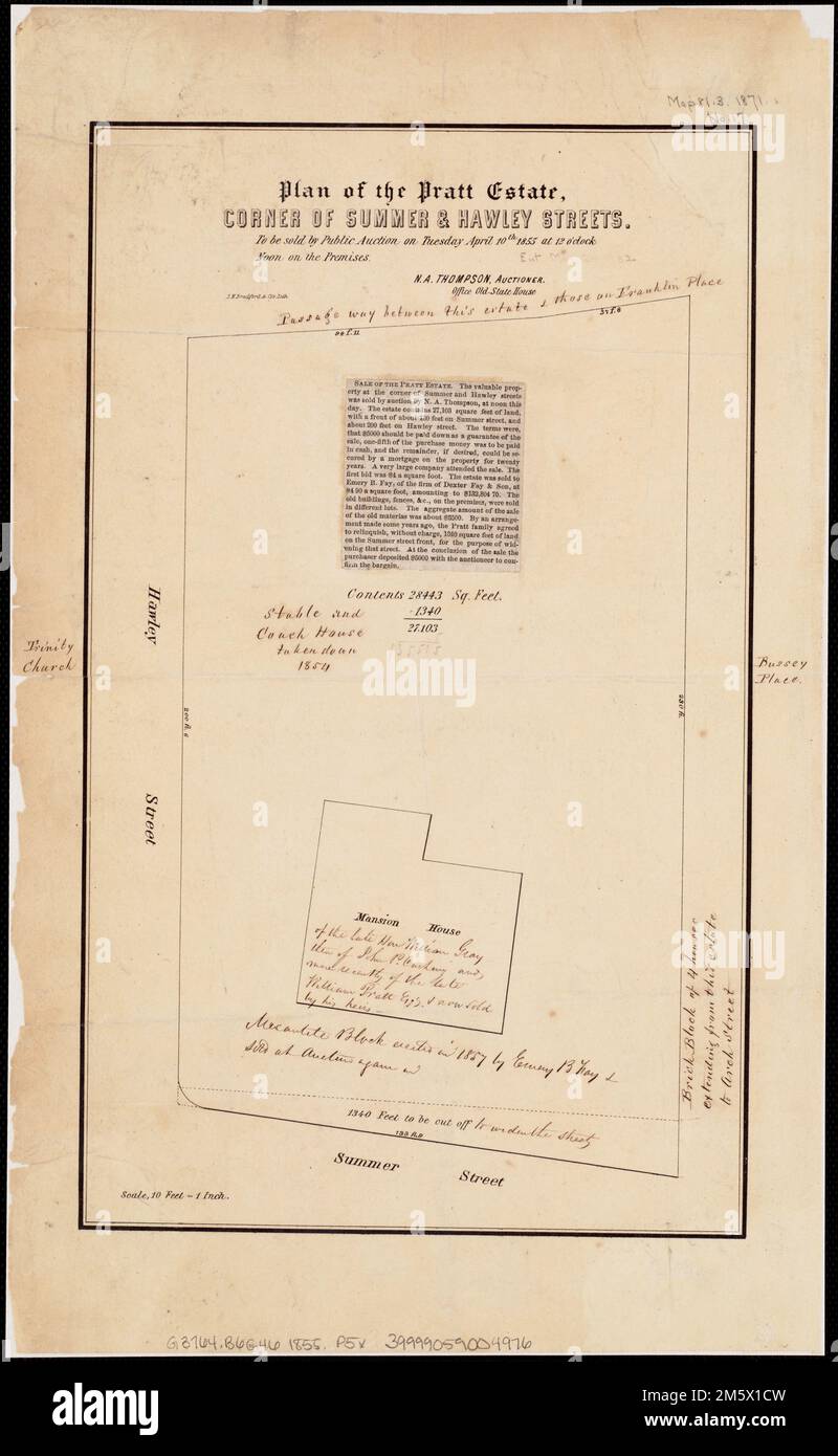 Plan des Pratt-Anwesens, Ecke Summer & Hawley Street : wird am Donnerstag, den 10. 1855. April, um 12 Uhr mittags auf dem Gelände verkauft Massachusetts, Suffolk, County, Boston Stockfoto
