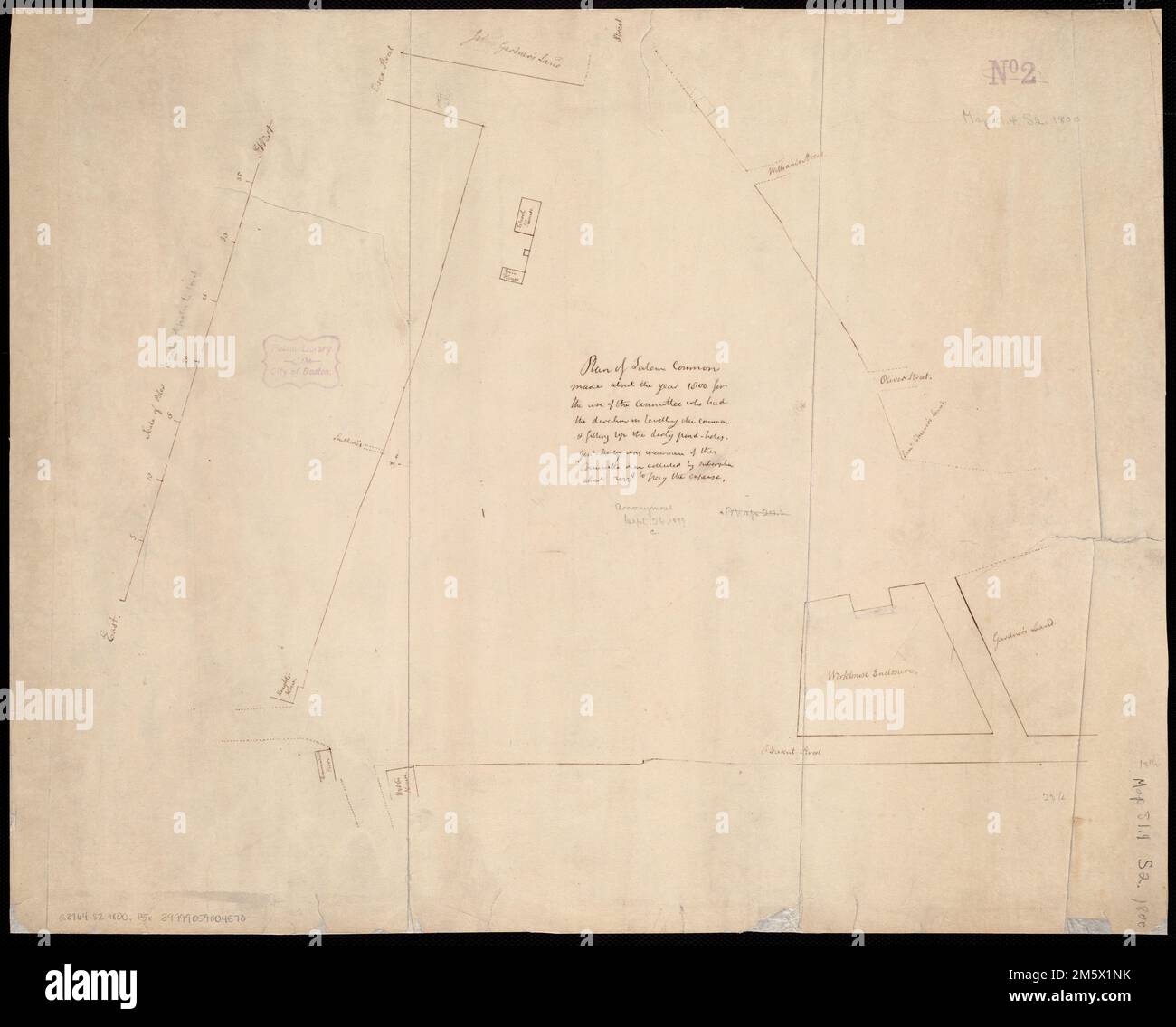 [Plan von Salem Common]. Vom Kataloger bereitgestellter Titel. Der Text lautet wie folgt: "Salem Common hat über das Jahr 1800 einen Plan für den Ausschuss erstellt, der die Weisungen für die Nivellierung der Gemeinsamkeiten und das Auffüllen der schmutzigen Teichlöcher hatte. General Derby war Vorsitzender dieses Ausschusses und wir sammelten etwa 2000[?] Um die Kosten zu bezahlen.' Massachusetts, Essex, County, Salem Stockfoto