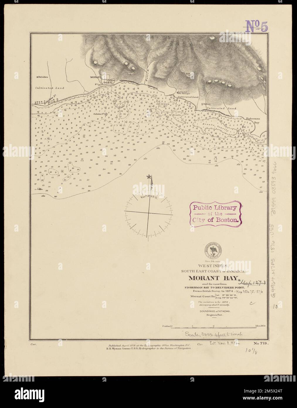 West Indies, Südostküste Jamaikas, Morant Bay und die Küste von Fisherman Bay bis Belvidere Point : aus einer britischen Erhebung im Jahr 1874. Relief durch Hachures und Punkthöhen dargestellt. Tiefen, die durch Sondierungen und Isolinien angezeigt werden... Morant Bay und die Küste von Fisherman Bay bis Belvidere Point. Morant Bay und die Küste von Fisherman Bay bis Belvidere Point, Jamaika, Saint Thomas, County, Morant Bay Stockfoto