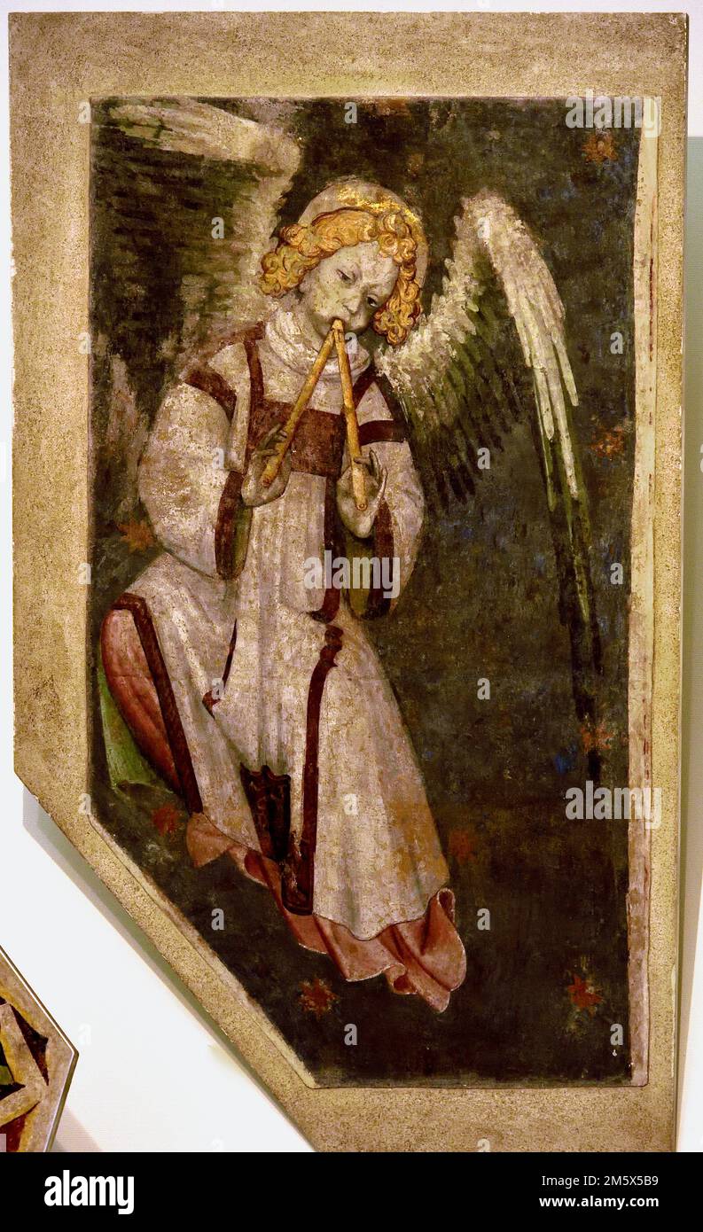 ANGEL MIT DER DOPPELFLÖTE 1410-1415 Giacomo Jaquerio Italy Italian ( 1375 - 1453 ) war ein italienischer Maler aus dem Mittelalter, einer der Hauptvertreter der gotischen Malerei im Piemont, Italien, Fresco. Stockfoto