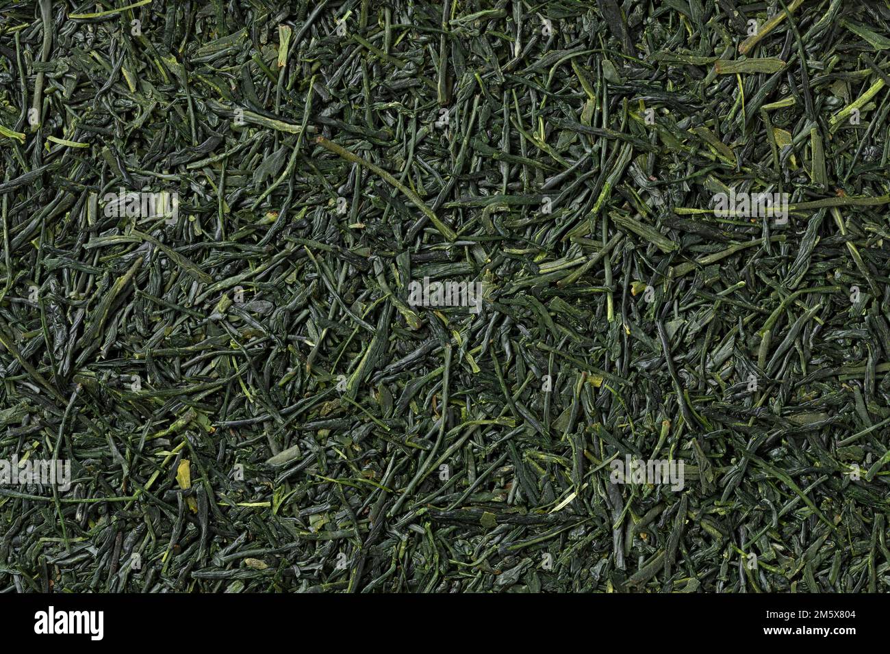 Hochwertige japanische getrocknete Teeblätter von Gyokuro sencha werden als Hintergrund im Vollformat angezeigt Stockfoto