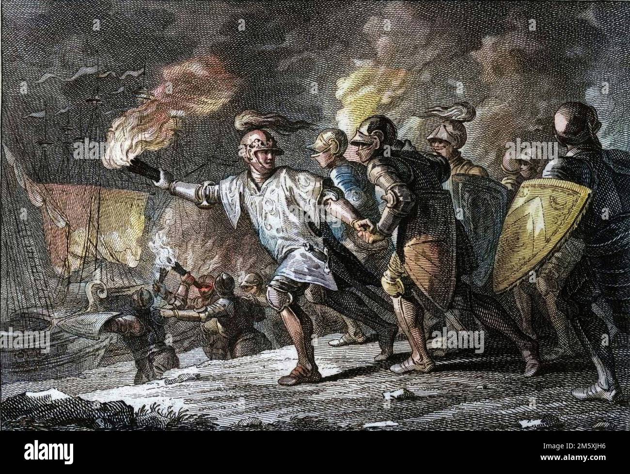 Conquete du royaume d'Angleterre par Guillaume le Conquerant, 1066 : le duc de Normandie (1027-1087) fait bruler les vaisseaux sur lesquels son armee a voyage, afin d'obliger ses soldats a se battre ou a mourir. Gravure de Jean Michel Moreau, dit Moreau le Jeune (1741-1814), 18eme siecle. Figures de l'histoire de France (dessinées par Moreau le Jeune, Lépicié et Monnet, gravées par Le Bas avec notices de l'abbé Jean-Jacques Digital Garnier) 1785 - Colorisation d'apres l'originale - Stockfoto