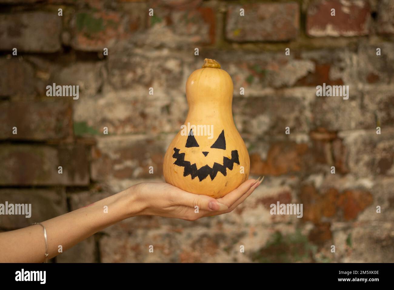 Kürbis in den Händen eines Mädchens, gemalt für halloween, halloween-Feiertag in der ukraine Stockfoto
