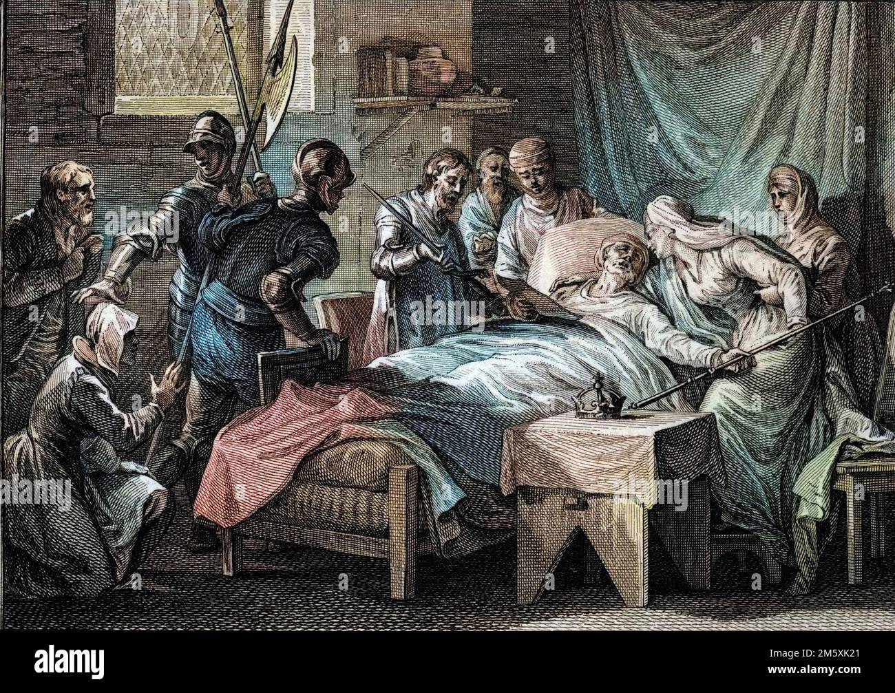 Mort et Succession de Charles II le Chauve (823-877), 877 : le roi remet a l'imperatrice la couronne imperiale, son sceptre d'Or, l'epee de Saint Pierre et un testament par lequel il designe son fils Louis le Begue pour Heritier. Gravure de Jean Michel Moreau, dit Moreau le Jeune (1741-1814), 18eme siecle. Figures de l'histoire de France (dessinées par Moreau le Jeune, Lépicié et Monnet, gravées par Le Bas avec notices de l'abbé Jean-Jacques Digital Garnier) 1785 - Colorisation d'apres l'originale - Stockfoto