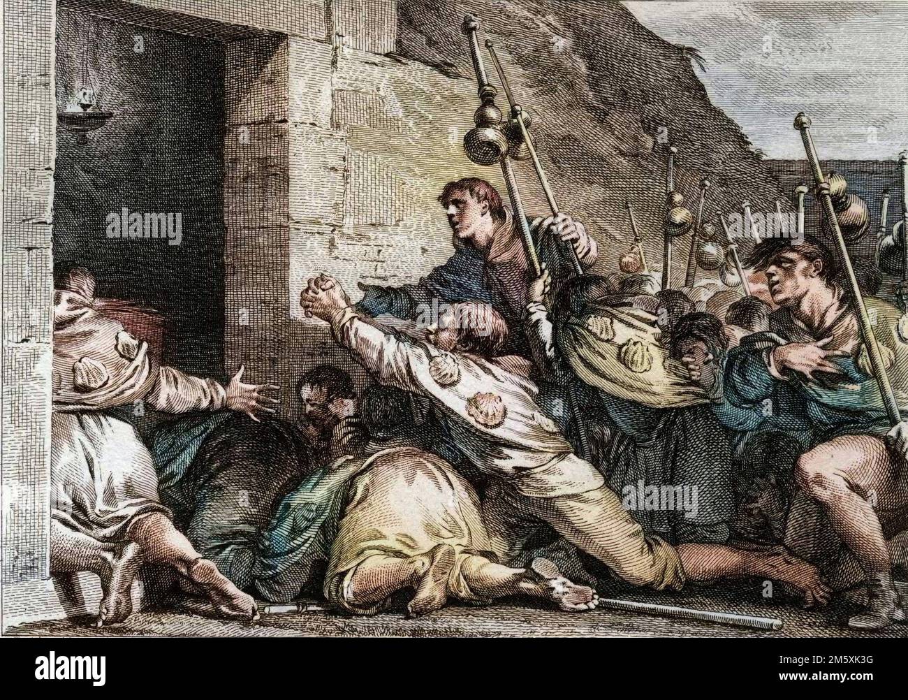 Premiere Croisade, 1099 : les Croises se recueillent devant le Saint Sepulcre de Jerusalem apres la conquete de la ville. Wir haben uns nus et ont le manteau et le bourdon de pelerins vorgestellt. Gravure de Jean Michel Moreau, dit Moreau le Jeune (1741-1814), 18eme siecle. Figures de l'histoire de France (dessinées par Moreau le Jeune, Lépicié et Monnet, gravées par Le Bas avec notices de l'abbé Jean-Jacques Digital Garnier) 1785 - Colorisation d'apres l'originale - Stockfoto