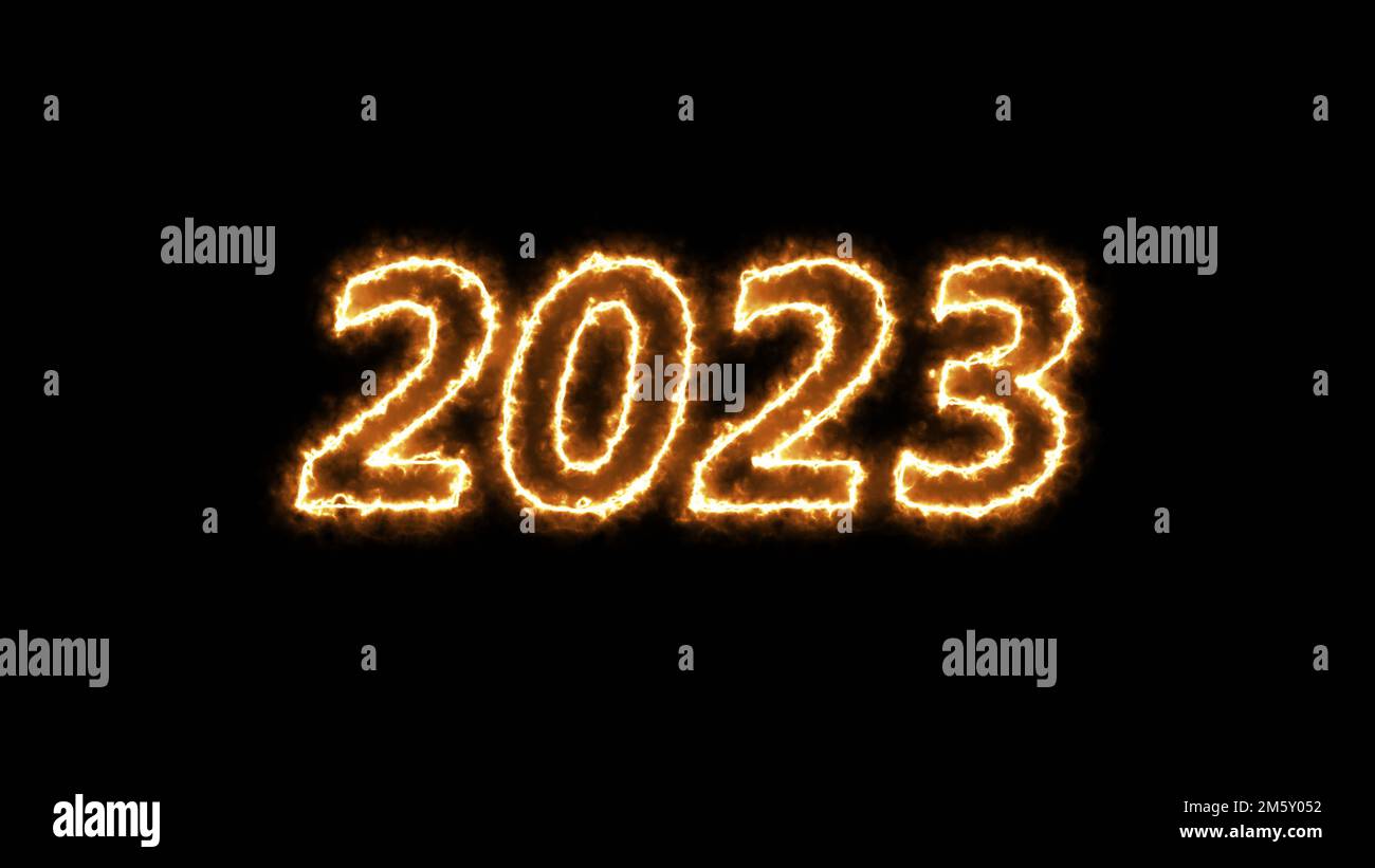 2023 Neonzahlen auf schwarzem Hintergrund. Frohes Neues Jahr! Stockfoto