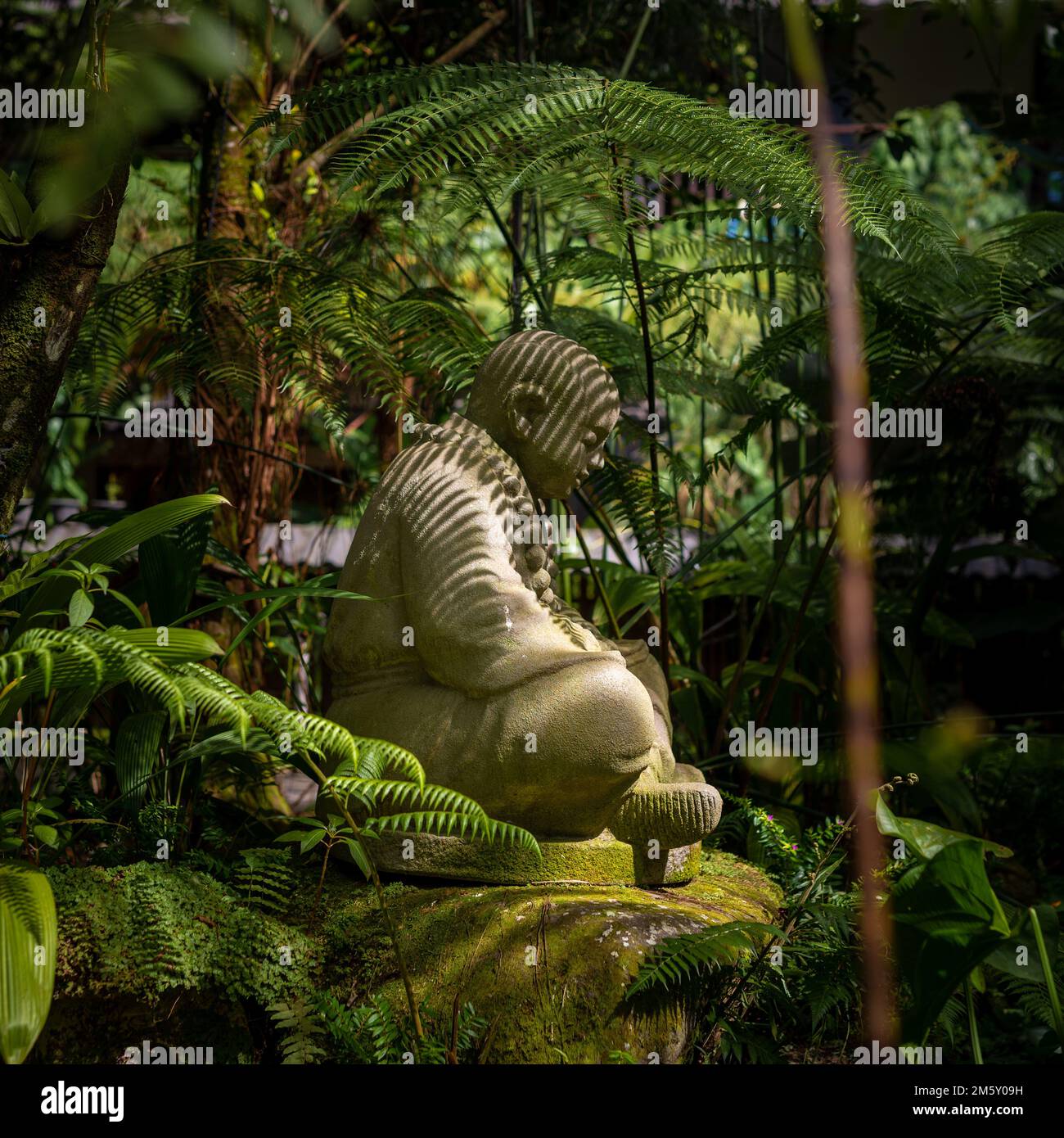 Eine kleine buddha-Statue aus Stein mit üppiger tropischer Vegetation, Berastagi, Indonesien. An einem sonnigen Tag ohne Menschen aufgenommen. Stockfoto