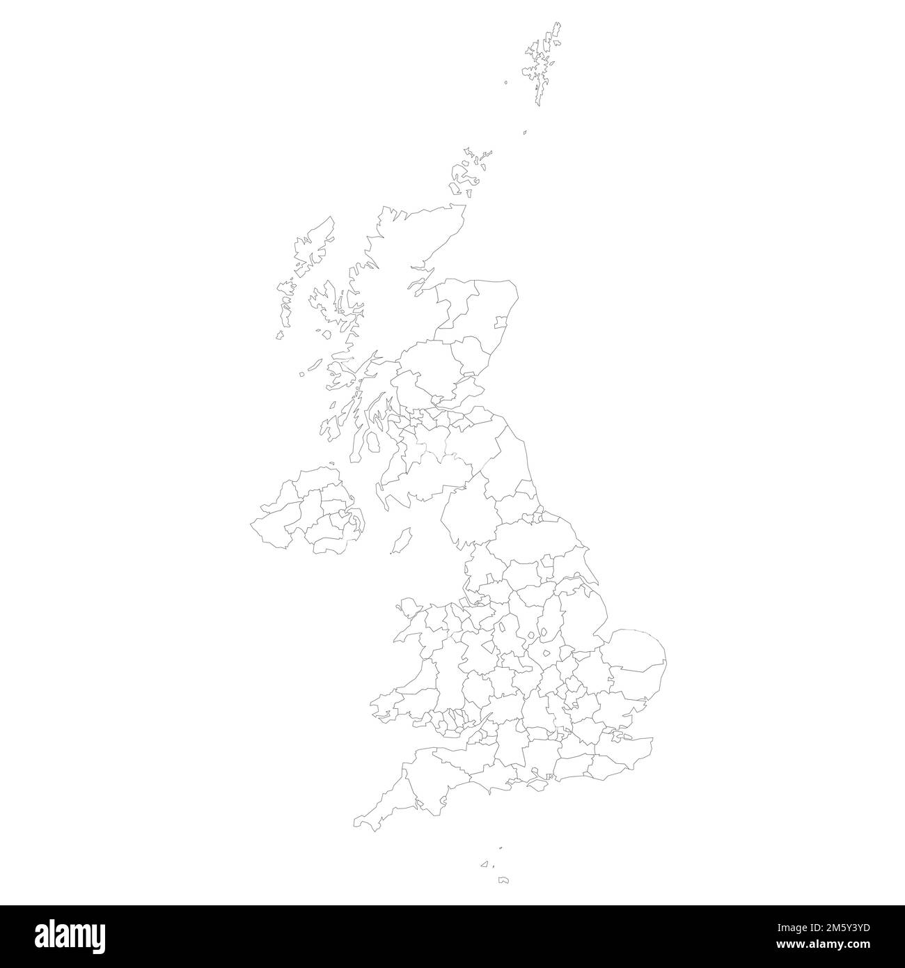 Vereinigtes Königreich Großbritannien und Nordirland, Vereinigtes Königreich. Metropolitan und Non-Metropolitan Counties und Einheitsbehörden von England, Distrikte von Nordirland, council Areas of Scotland, County Boroughs, Counties und Cities of Wales. Mit Kronenabhängigkeiten. Leere schwarze Umrisskarte. Einfache Darstellung eines flachen Vektors. Stock Vektor