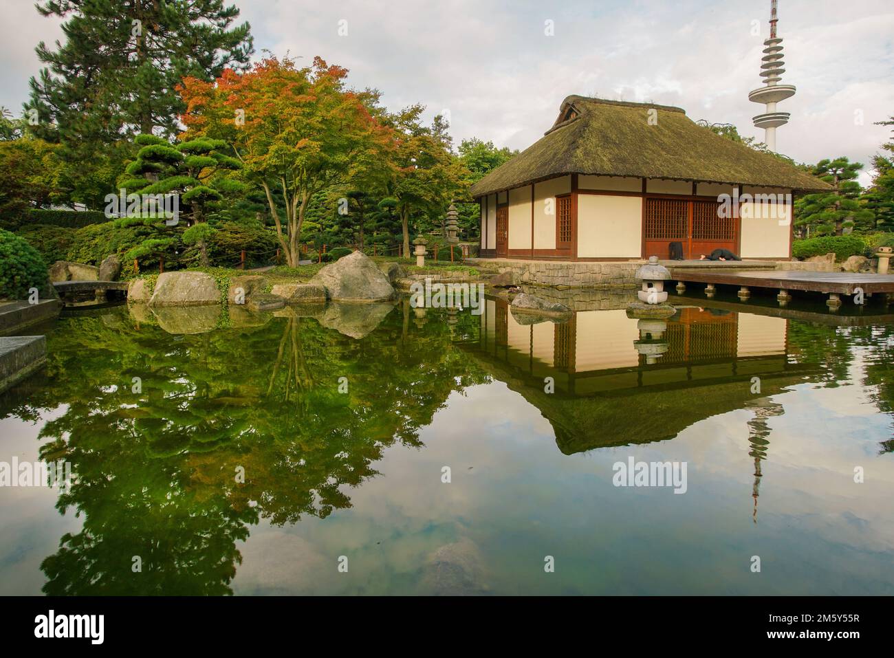 Blick auf die Amazung mit Teich und Reflexionen und Pavillon im japanischen Garten Hamburg (Teil des Botanischen Gartens 'Planten und Blumen'). Nicht wiedererkennbar per Stockfoto