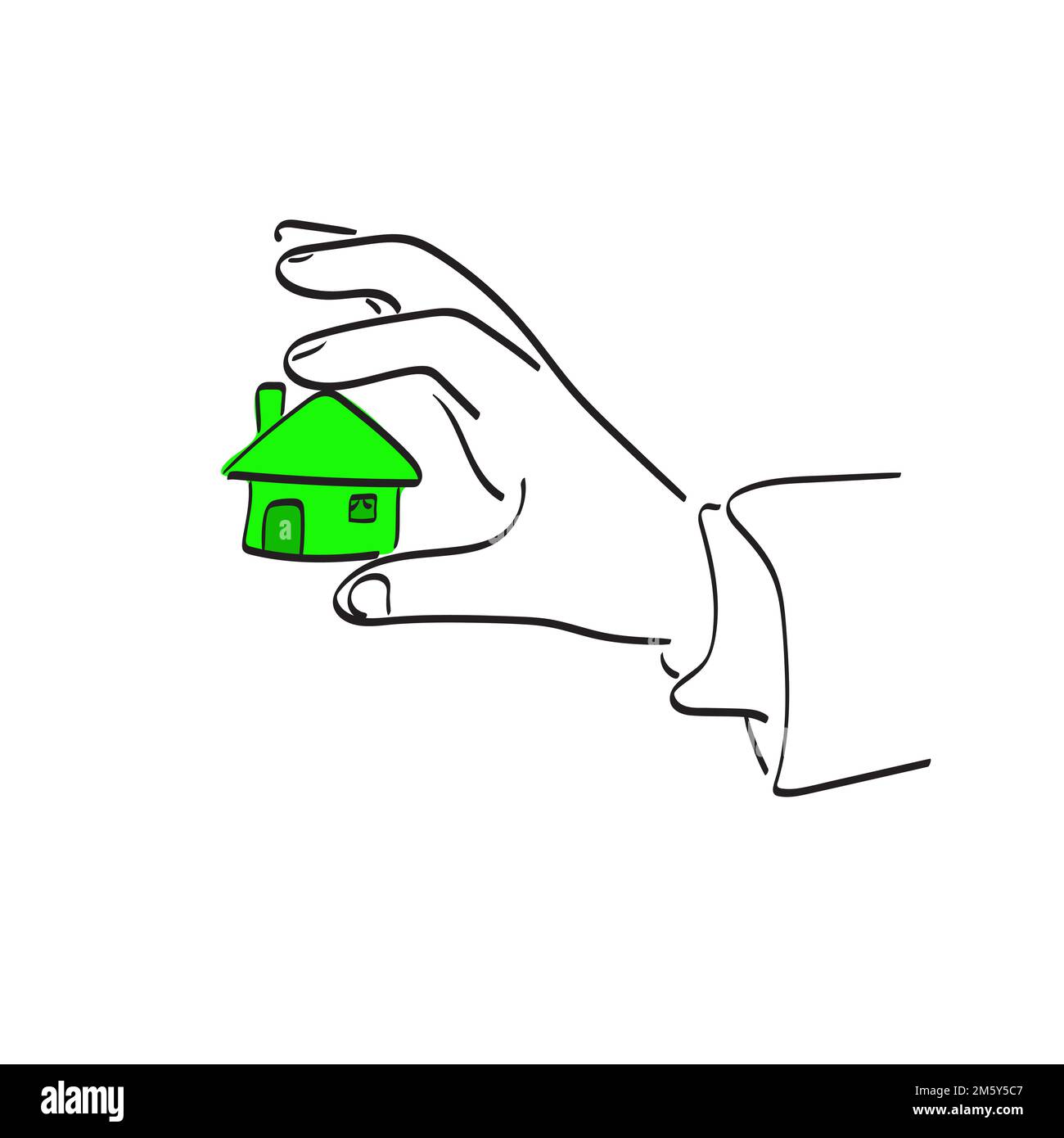 Strichkunst Nahaufnahme Hand eines Geschäftsmannes mit einem kleinen grünen Haus Illustration Vektor Hand gezeichnet isoliert auf weißem Hintergrund Stock Vektor