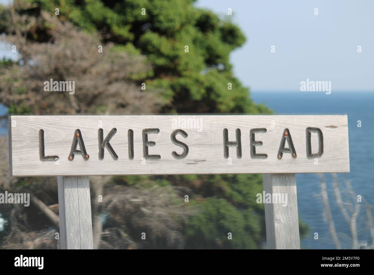 Das hölzerne Schild Lakies Head mit Meereslandschaft im Hintergrund Stockfoto Das hölzerne Schild Lakies Head mit Meereslandschaft im Hintergrund Stockfoto