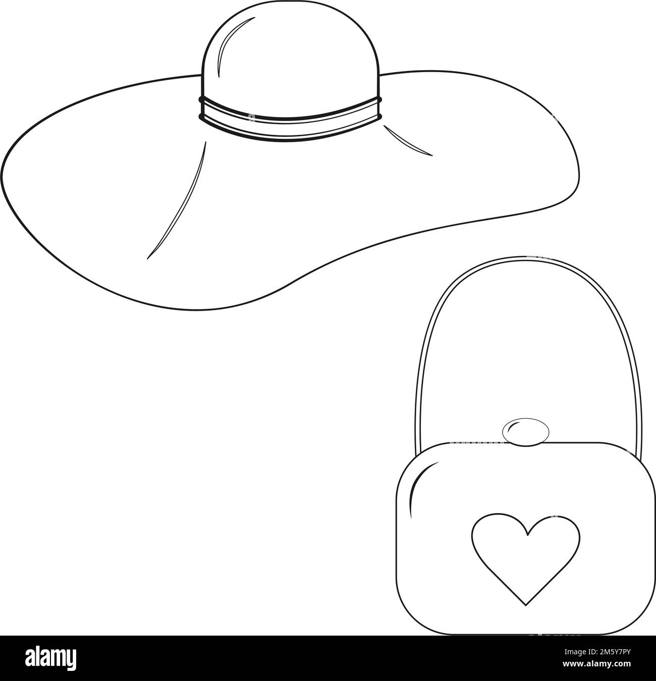Set aus einem stilisierten Hut mit breiter Krempe für Frauen und einer Handtasche für Damen mit einem gezogenen Herzen. Umriss. Aufkleber. Symbol. Isolieren. Gut geeignet für Banner, Muster, Verpackung, Poster, Karten, Preisschild oder Etikett, Broschüren. EPS Stock Vektor