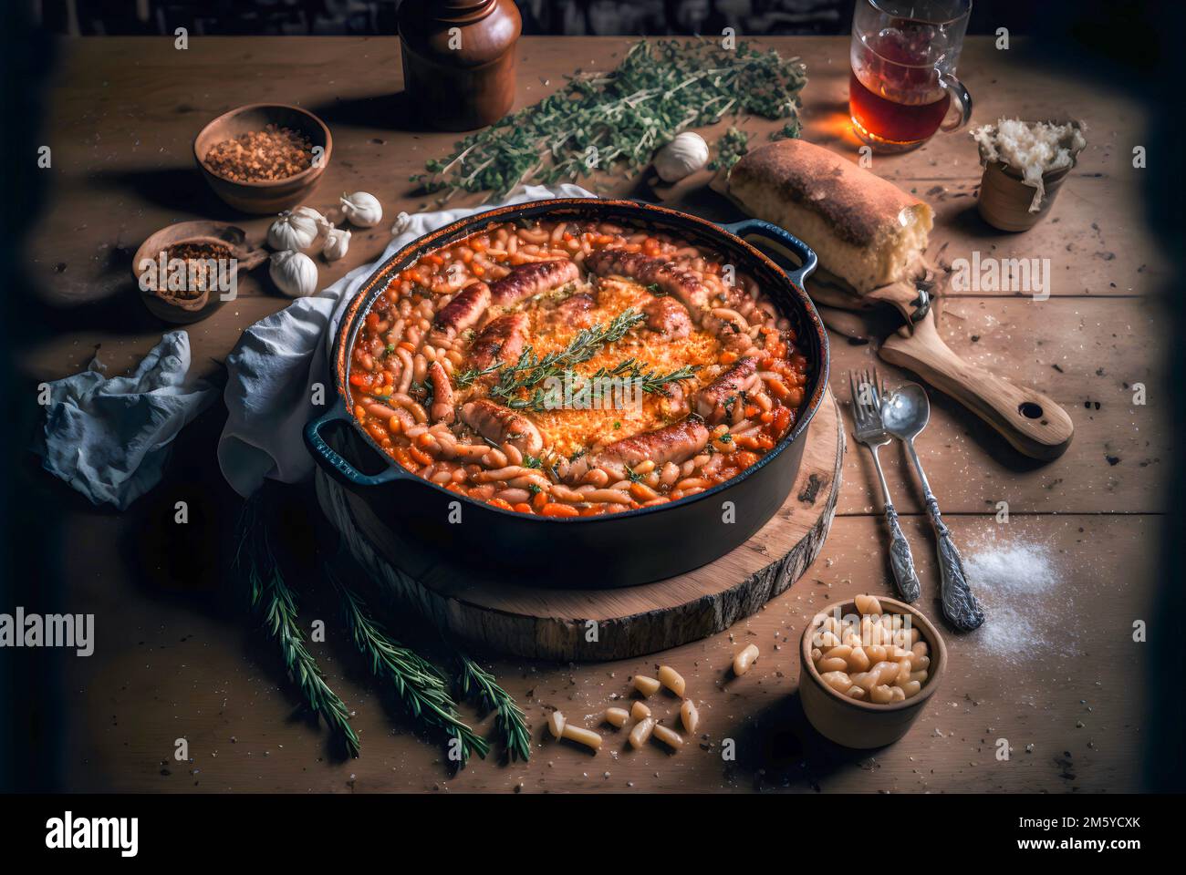 Klassisches Cassoulet mit Bohnen, Fleisch und knusprigen Brotkrumen Stockfoto