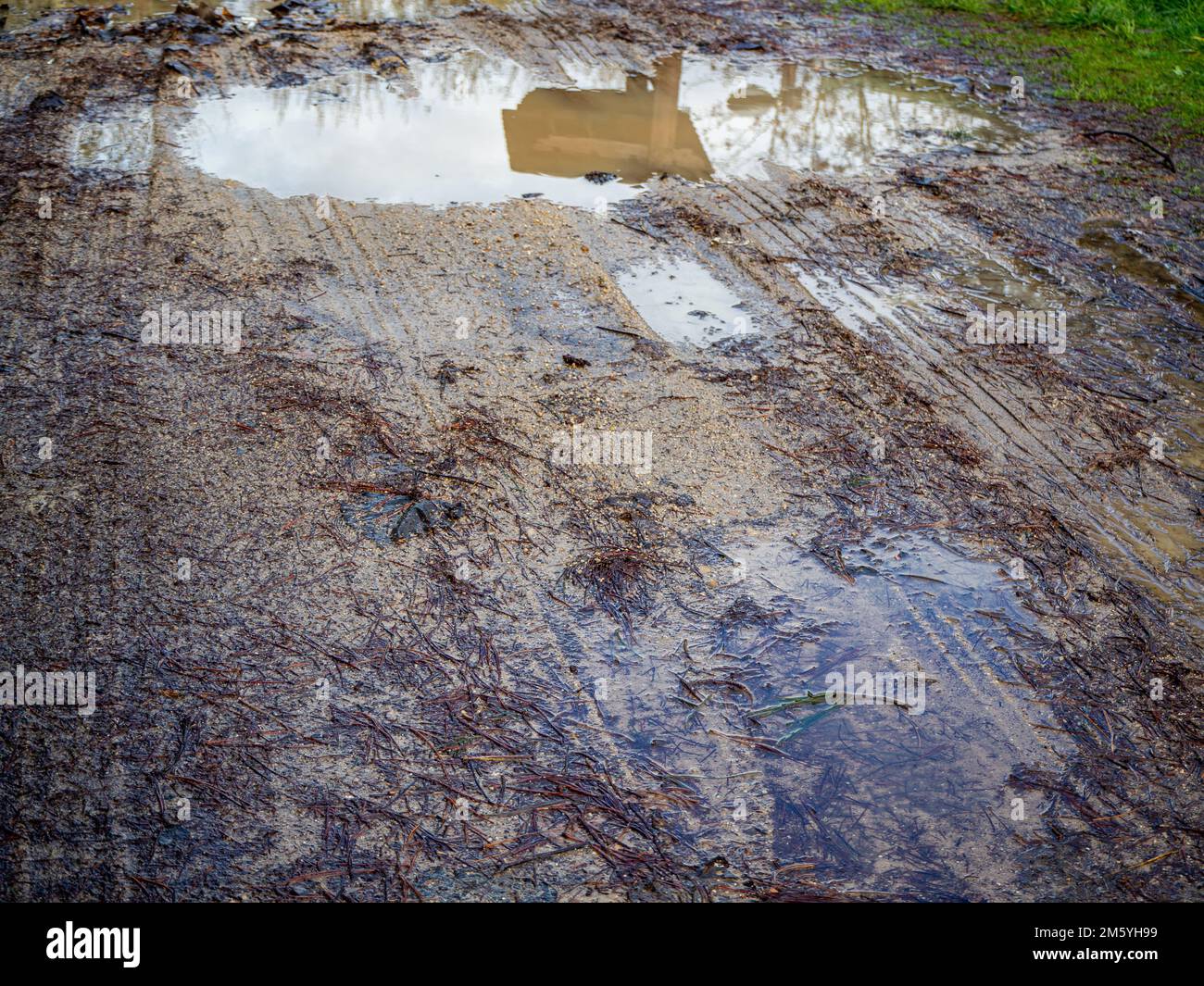 Schlammige Straße auf einer Landstraße, überflutet von Winterregen Stockfoto