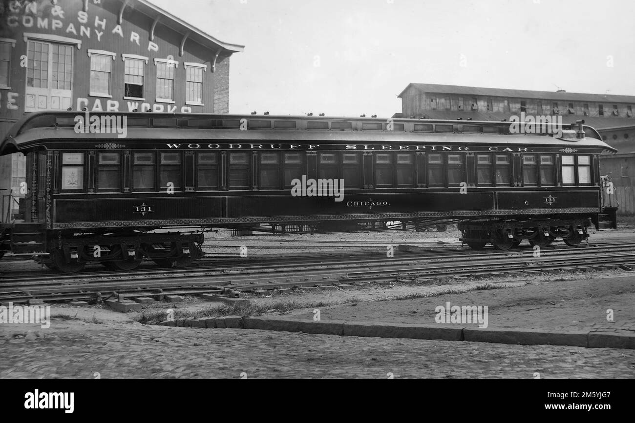 In Chicago, Kalifornien, wird ein früherer Schlafwagen von Woodruff, Vorläufer des Pullman-Autos, gezeigt. 1880 Stockfoto