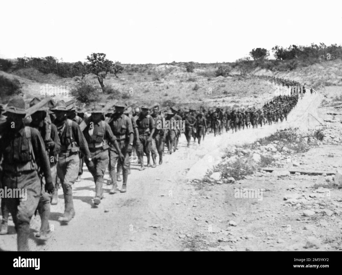 1. Weltkrieg, amerikanische Soldaten c. 1917. Training in Texas am marsch. Stockfoto