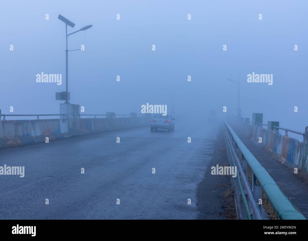 Eine leere, beleuchtete Asphaltstraße (Autobahn) in einem dichten Nebel. Fußgängerweg, Überquerung, Ampeln. Gefährliches Fahren, Gehen, Radfahren, Verkehr Stockfoto