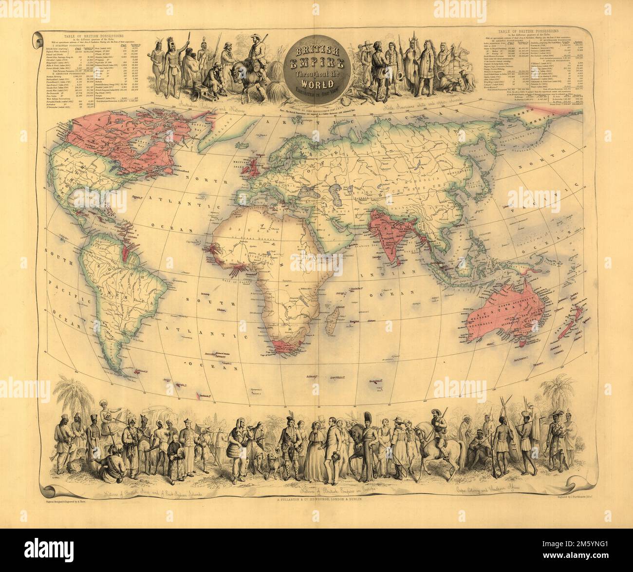 Eine im 19. Jahrhundert erbaute illustrierte Karte des Britischen Reiches mit Tabellen, die die Bevölkerung und die Region der Länder zeigen, eingraviert von John Bartholomew c.1850-1860 Stockfoto