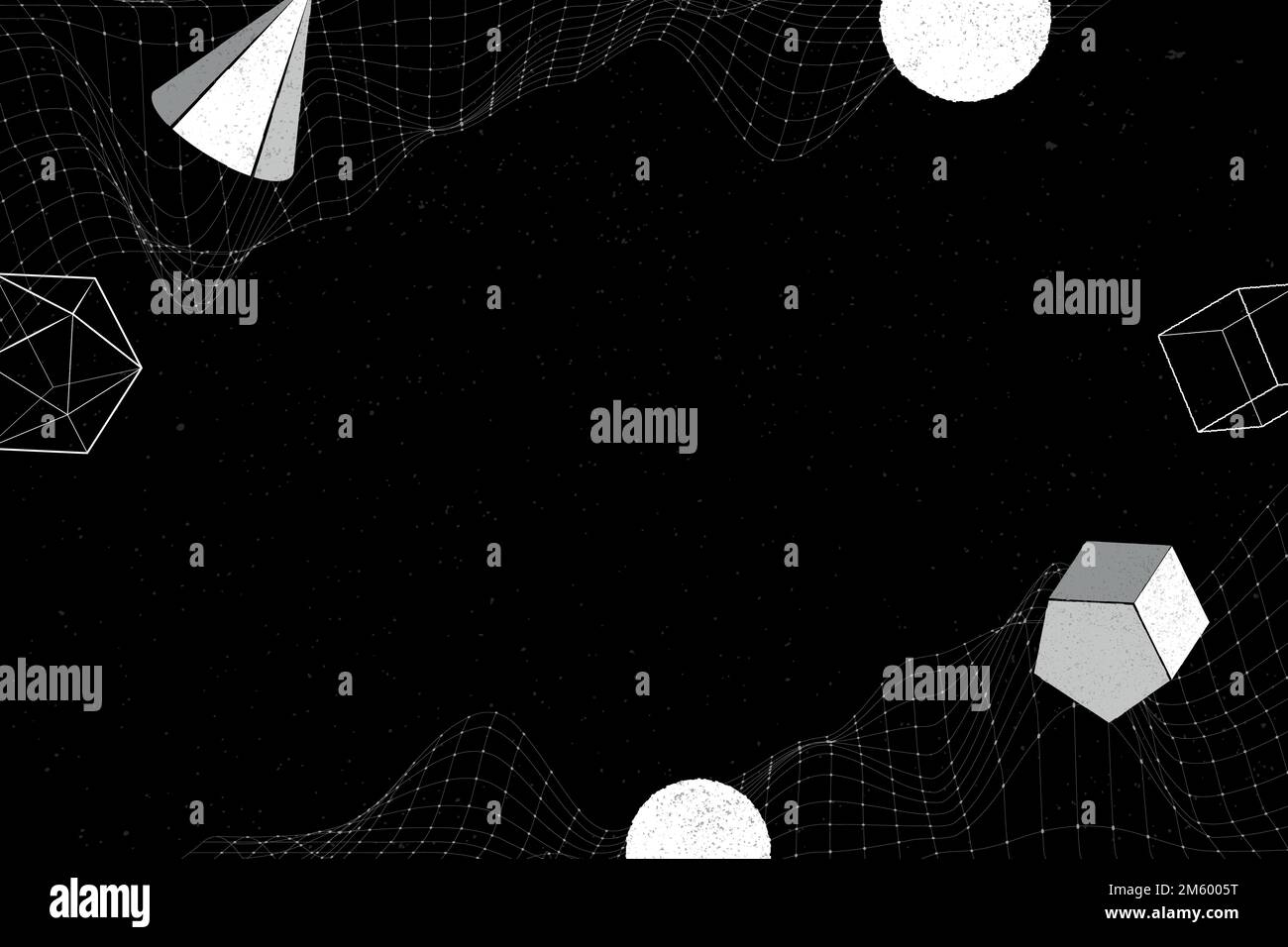 Weiße geometrische Formen auf einem wellengemusterten Hintergrundvektor mit Drahtmodell Stock Vektor