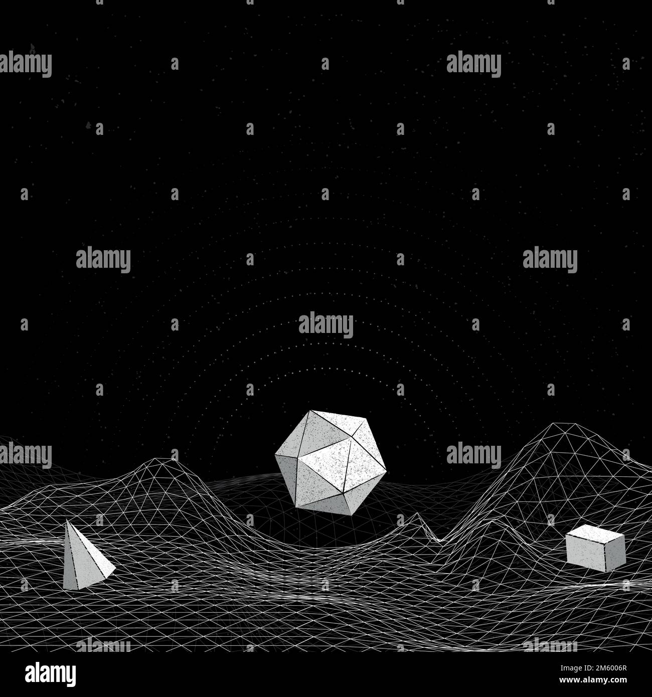 Graue geometrische Formen auf einem Wireframe-Wellenhintergrundvektor Stock Vektor
