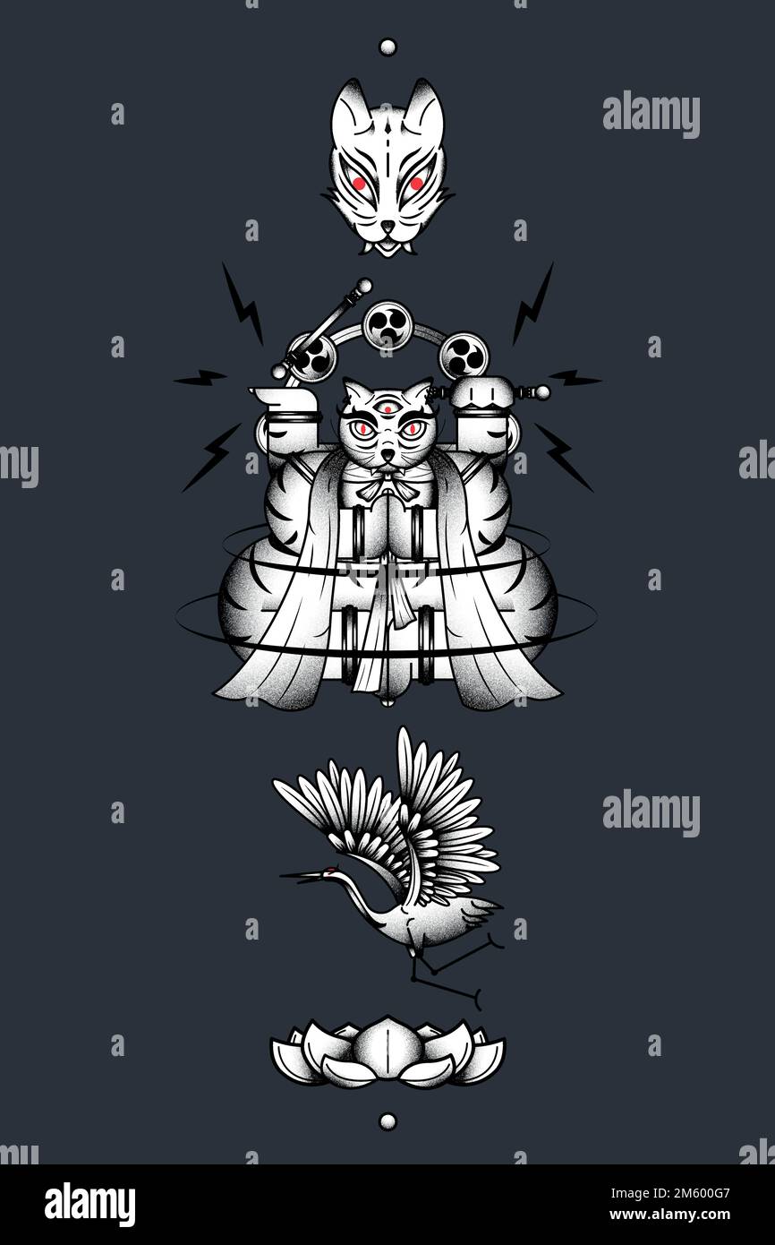 Bakeneko mit Raijin-Trommeln, japanisches Monster-Katzenelement auf einem dunklen Hintergrund-Vektor Stock Vektor
