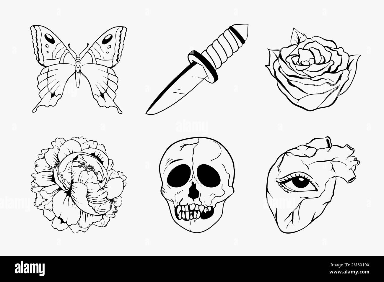 Vektorkollektion mit schwarz-weißen Umrissen und Flash-Tattoo-Design der alten Schule Stock Vektor