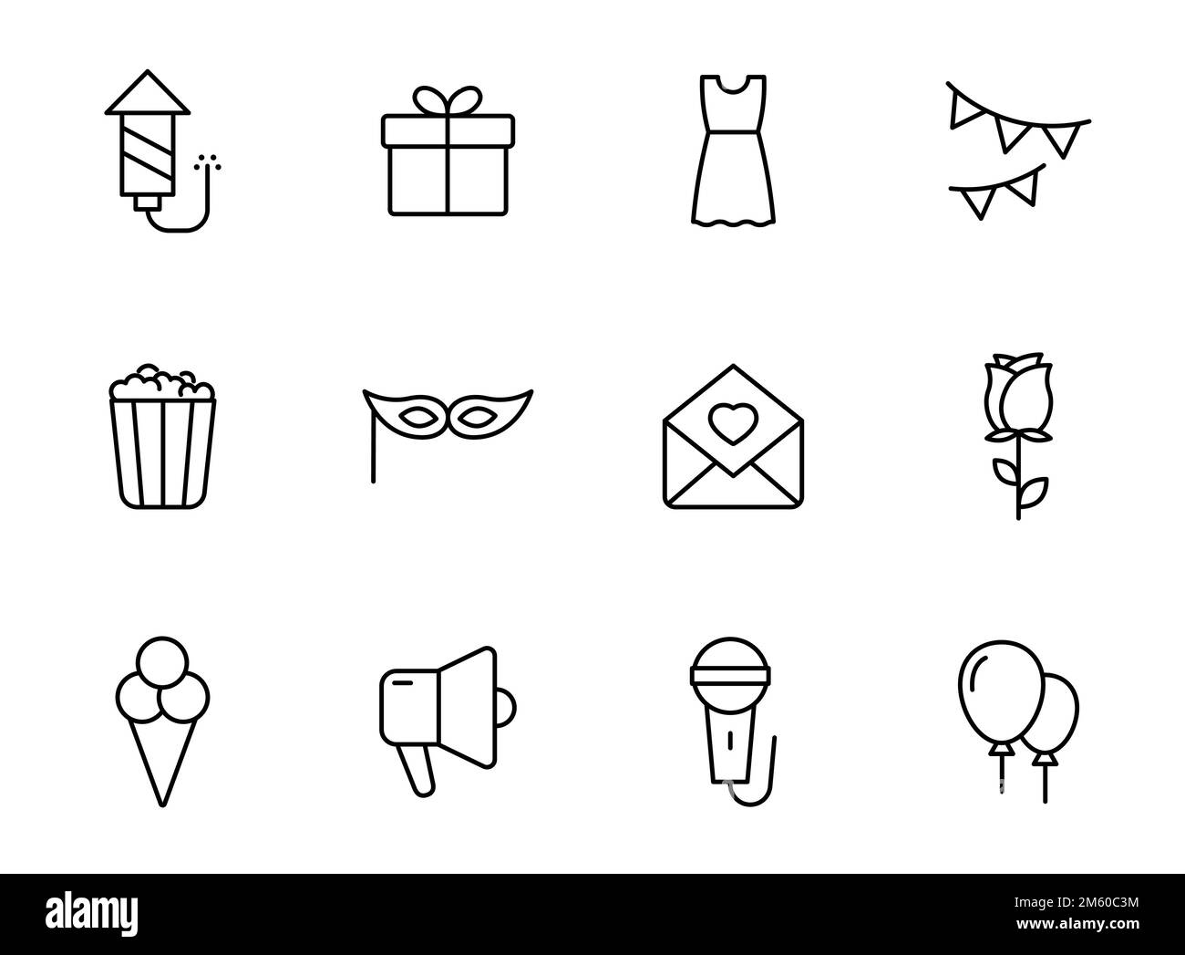 Lineare Partyvektorsymbole auf weiß isoliert. Partyset mit Symbolen für Web- und ui-Design, mobile Apps, Printpolygrafie und Werbeanzeigen Stock Vektor