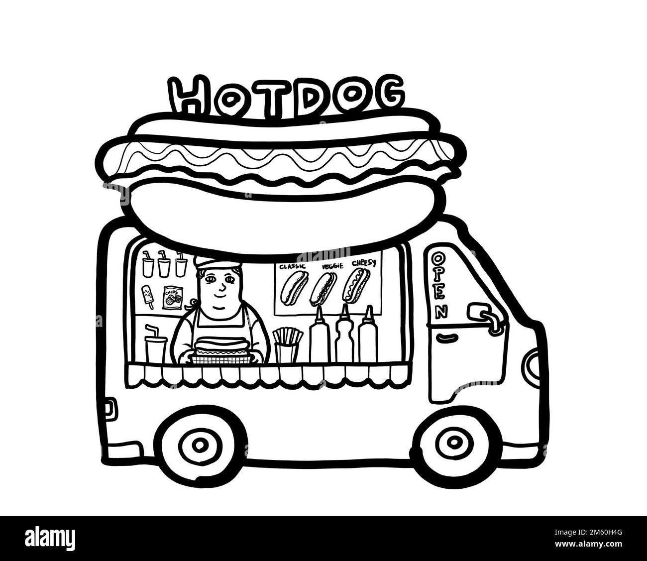 Ein Street Food Truck mit einer Person, die Hot Dog zum Mitnehmen verkauft. Speisen- und Getränkekonzept im Freien. Schwarz-weiße Linienzeichnung. Stockfoto